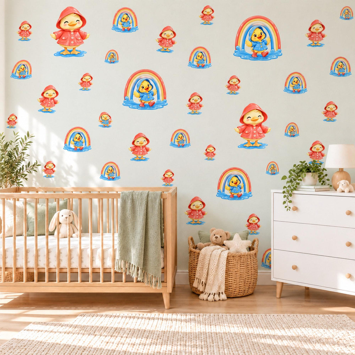 Duck Wall Stickers, Raincoat Duckling Rainbow Nursery Decor, Rainy Day Wall Decals, Bright Kids Room Red Yellow Peel and Stick Wall Art
