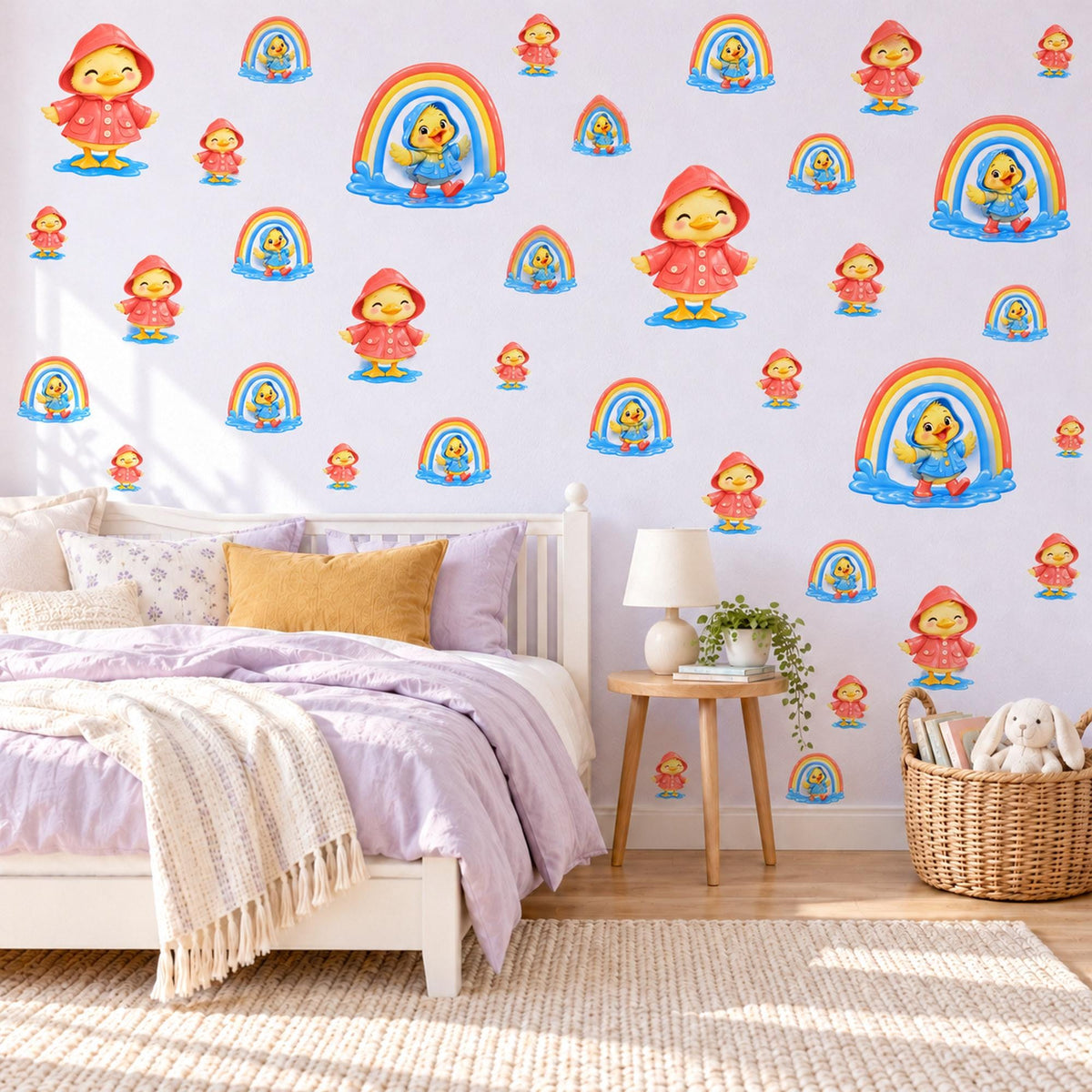 Duck Wall Stickers, Raincoat Duckling Rainbow Nursery Decor, Rainy Day Wall Decals, Bright Kids Room Red Yellow Peel and Stick Wall Art
