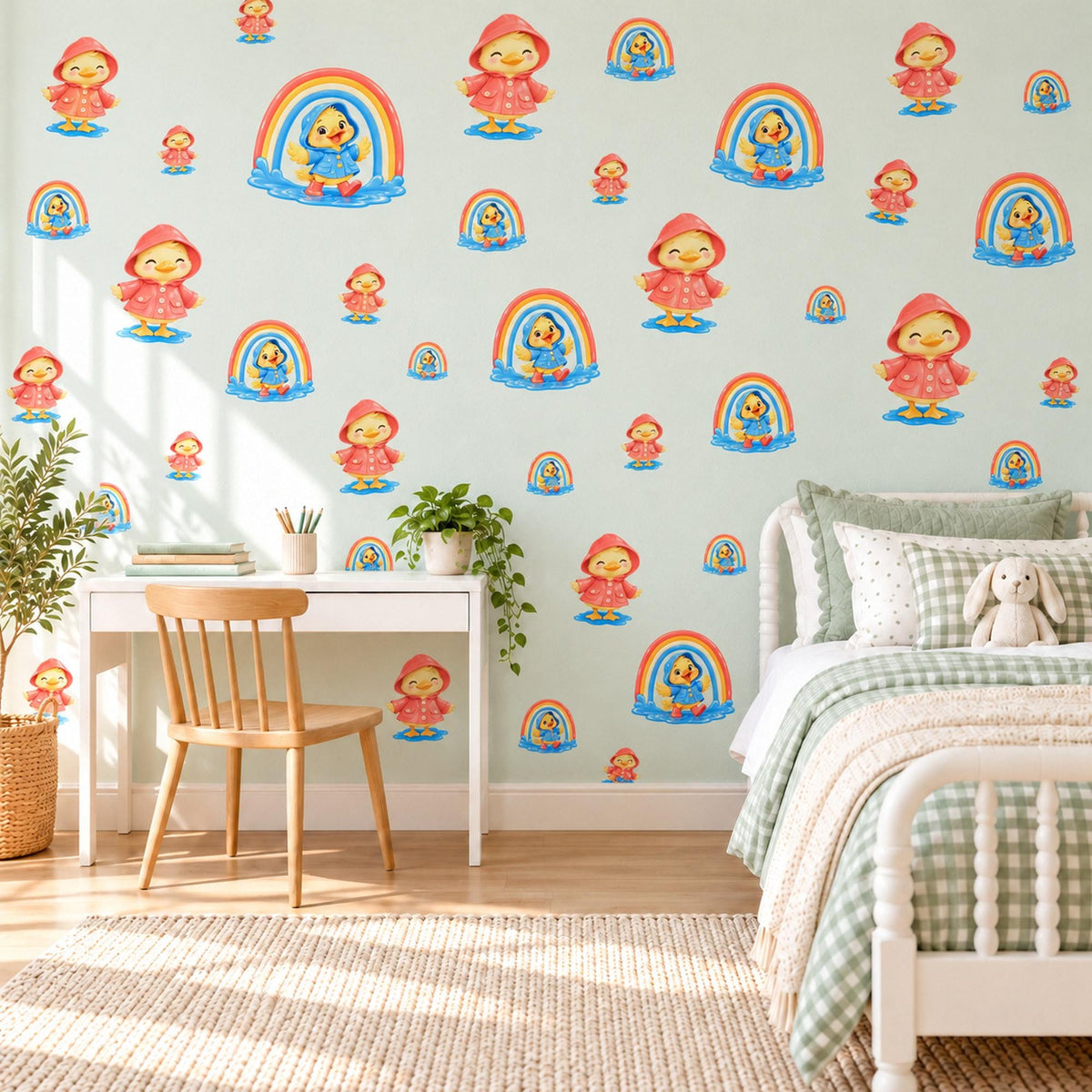 Duck Wall Stickers, Raincoat Duckling Rainbow Nursery Decor, Rainy Day Wall Decals, Bright Kids Room Red Yellow Peel and Stick Wall Art
