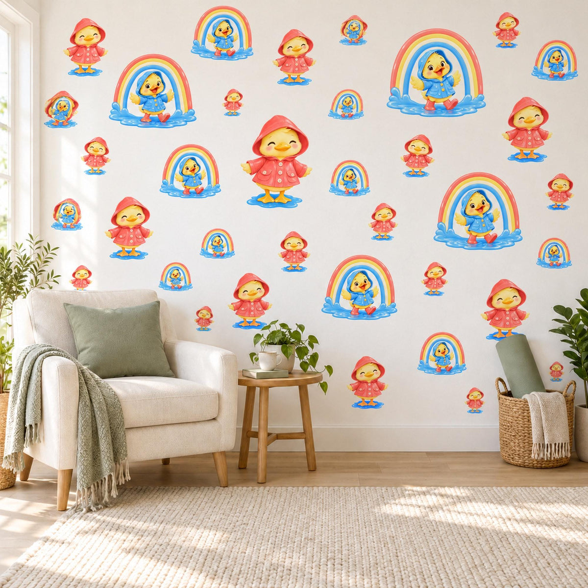 Duck Wall Stickers, Raincoat Duckling Rainbow Nursery Decor, Rainy Day Wall Decals, Bright Kids Room Red Yellow Peel and Stick Wall Art
