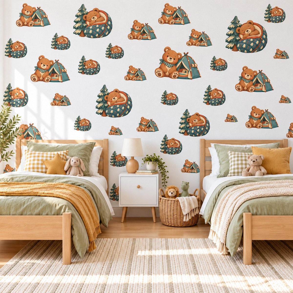 Teddy Bear Wall Stickers, Camping Bear Tent Nursery Decor, Woodland Adventure Wall Decals, Boys Kids Room Green Peel and Stick Wall Art