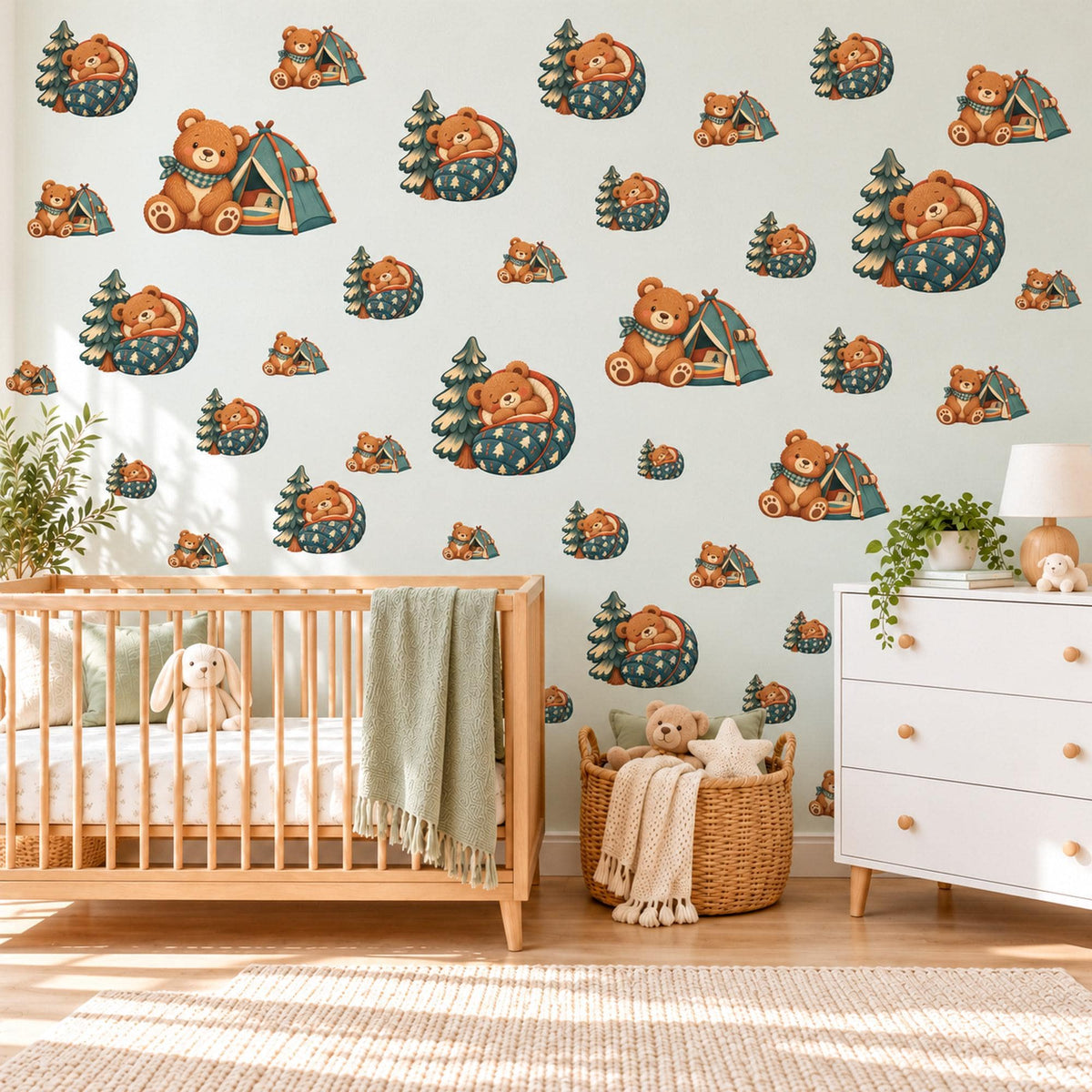 Teddy Bear Wall Stickers, Camping Bear Tent Nursery Decor, Woodland Adventure Wall Decals, Boys Kids Room Green Peel and Stick Wall Art