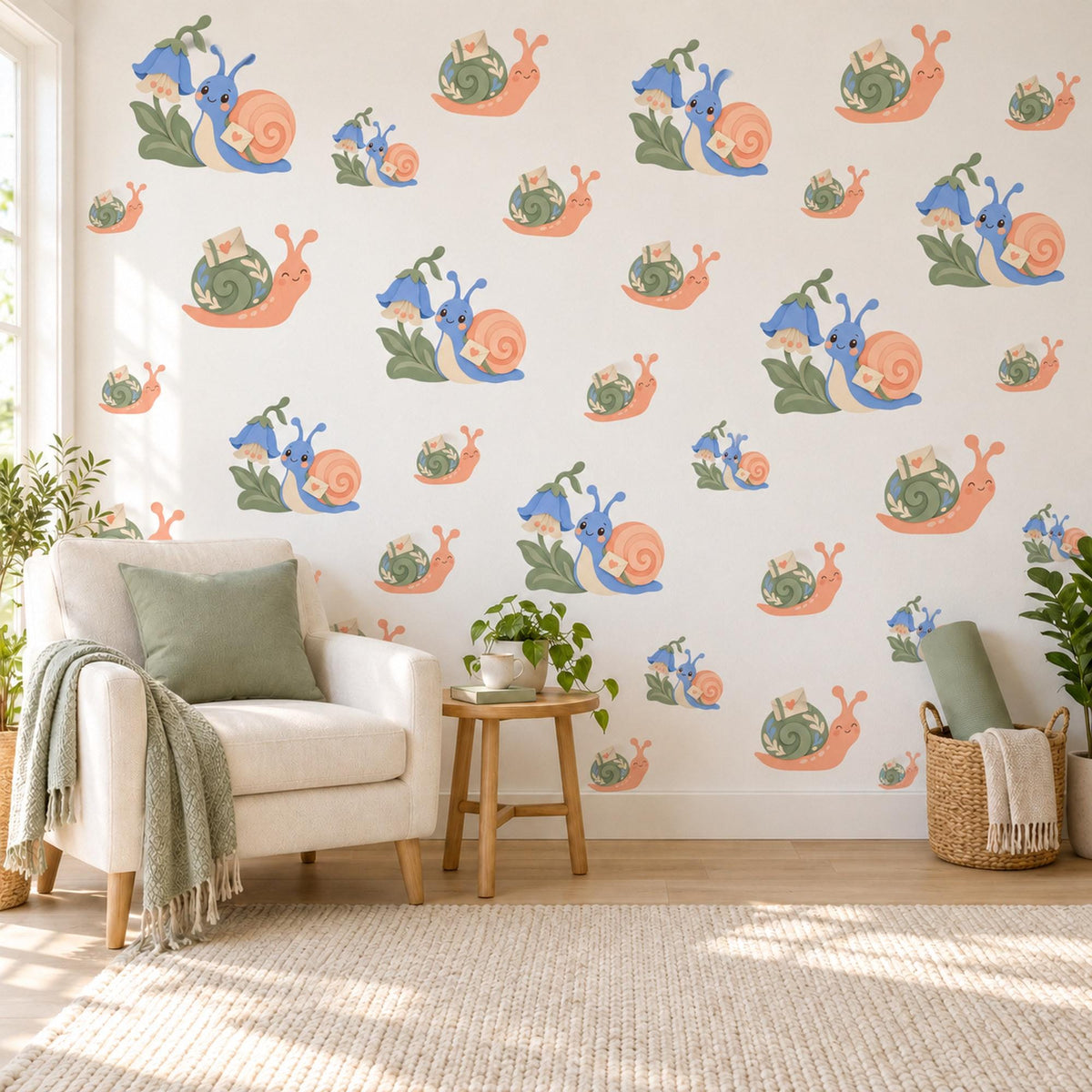 Snail Wall Stickers, Snail Mail Letter Nursery Decor, Garden Snail Bluebell Wall Decals, Kids Room Peach Sage Peel and Stick Wall Art