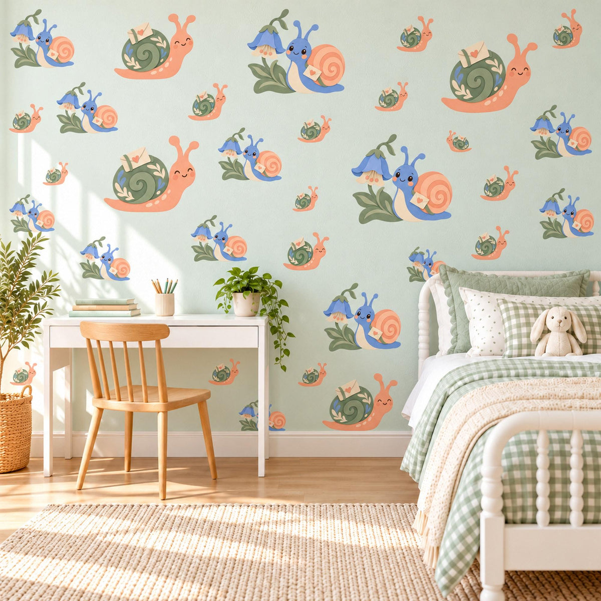 Snail Wall Stickers, Snail Mail Letter Nursery Decor, Garden Snail Bluebell Wall Decals, Kids Room Peach Sage Peel and Stick Wall Art