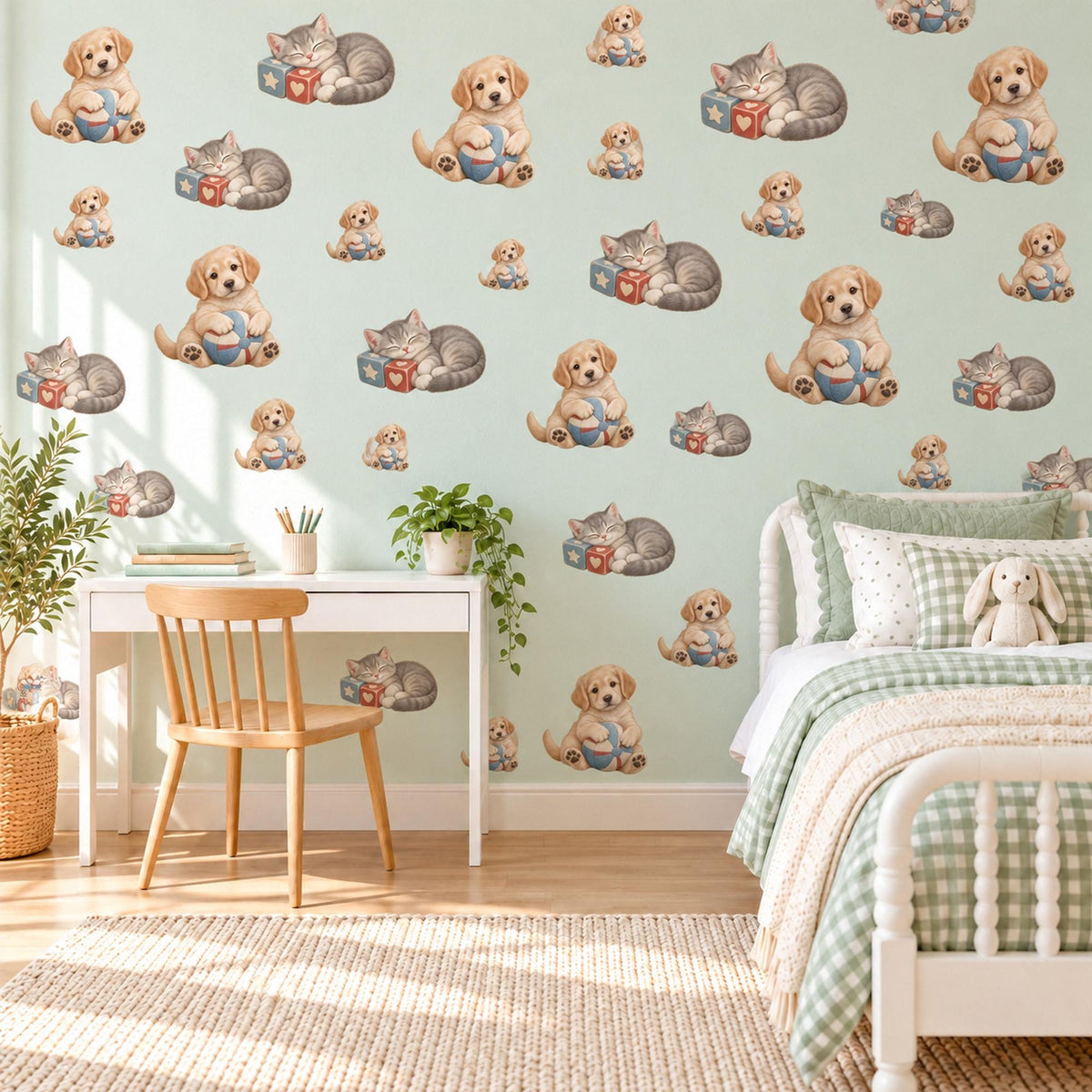 Puppy Wall Stickers, Puppy and Kitten Nursery Decor, Cute Dog Cat Wall Decals, Neutral Kids Room Playroom Peel and Stick Wall Art