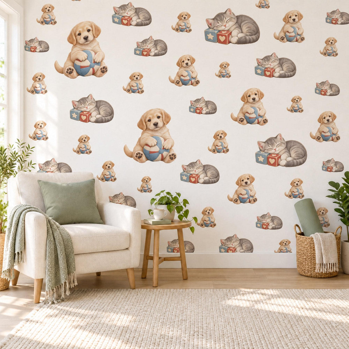 Puppy Wall Stickers, Puppy and Kitten Nursery Decor, Cute Dog Cat Wall Decals, Neutral Kids Room Playroom Peel and Stick Wall Art
