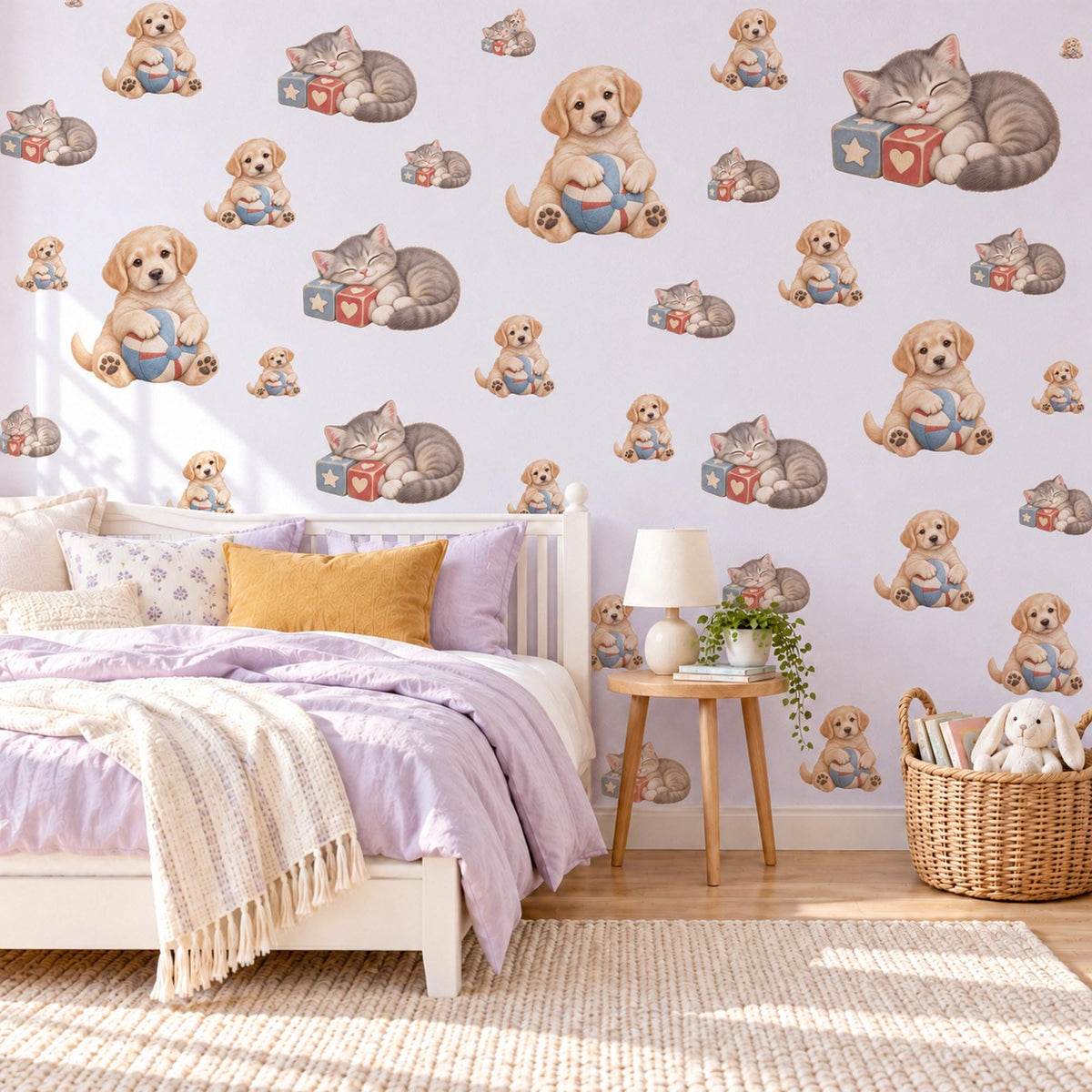 Puppy Wall Stickers, Puppy and Kitten Nursery Decor, Cute Dog Cat Wall Decals, Neutral Kids Room Playroom Peel and Stick Wall Art