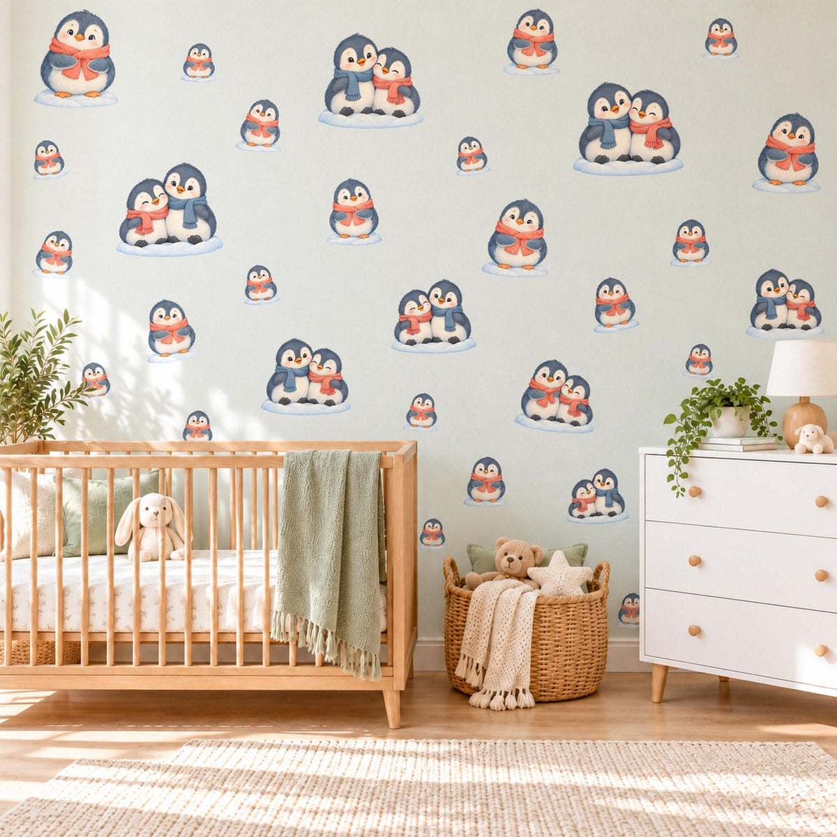 Penguin Wall Stickers, Winter Penguin Nursery Decor, Cute Snow Penguin Wall Decals, Navy Coral Kids Room Peel and Stick Wall Art