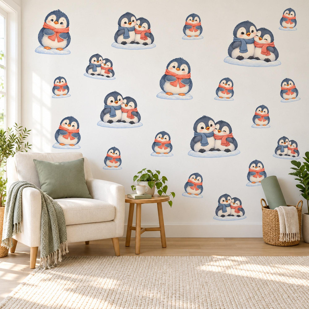 Penguin Wall Stickers, Winter Penguin Nursery Decor, Cute Snow Penguin Wall Decals, Navy Coral Kids Room Peel and Stick Wall Art