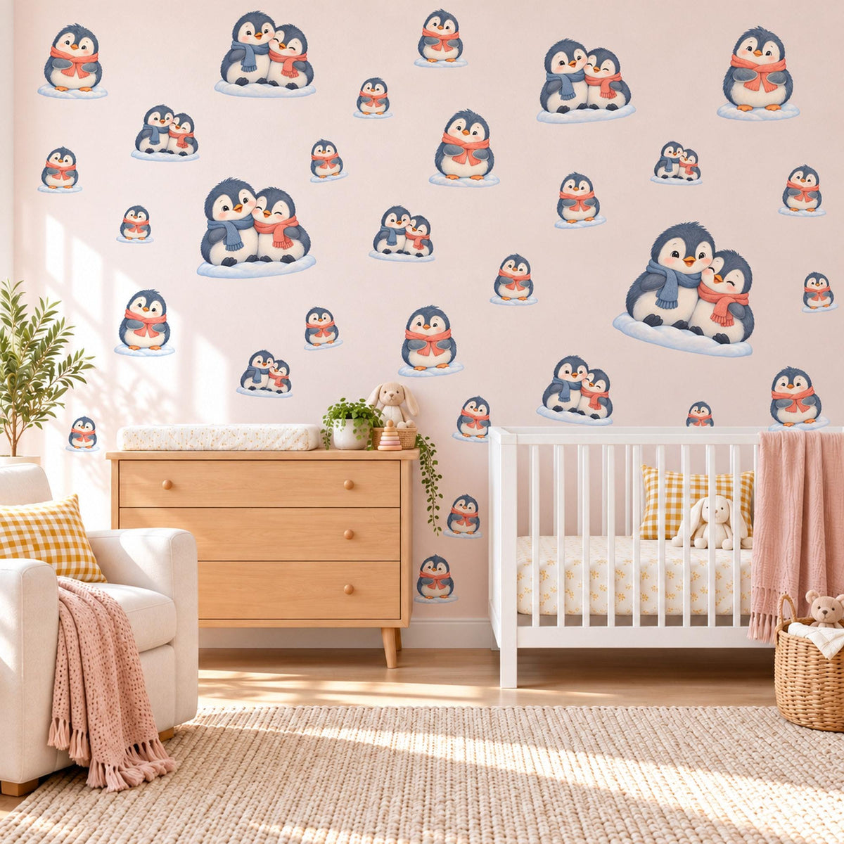 Penguin Wall Stickers, Winter Penguin Nursery Decor, Cute Snow Penguin Wall Decals, Navy Coral Kids Room Peel and Stick Wall Art