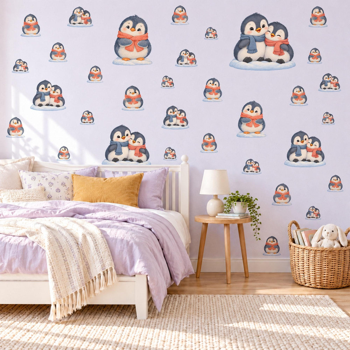 Penguin Wall Stickers, Winter Penguin Nursery Decor, Cute Snow Penguin Wall Decals, Navy Coral Kids Room Peel and Stick Wall Art