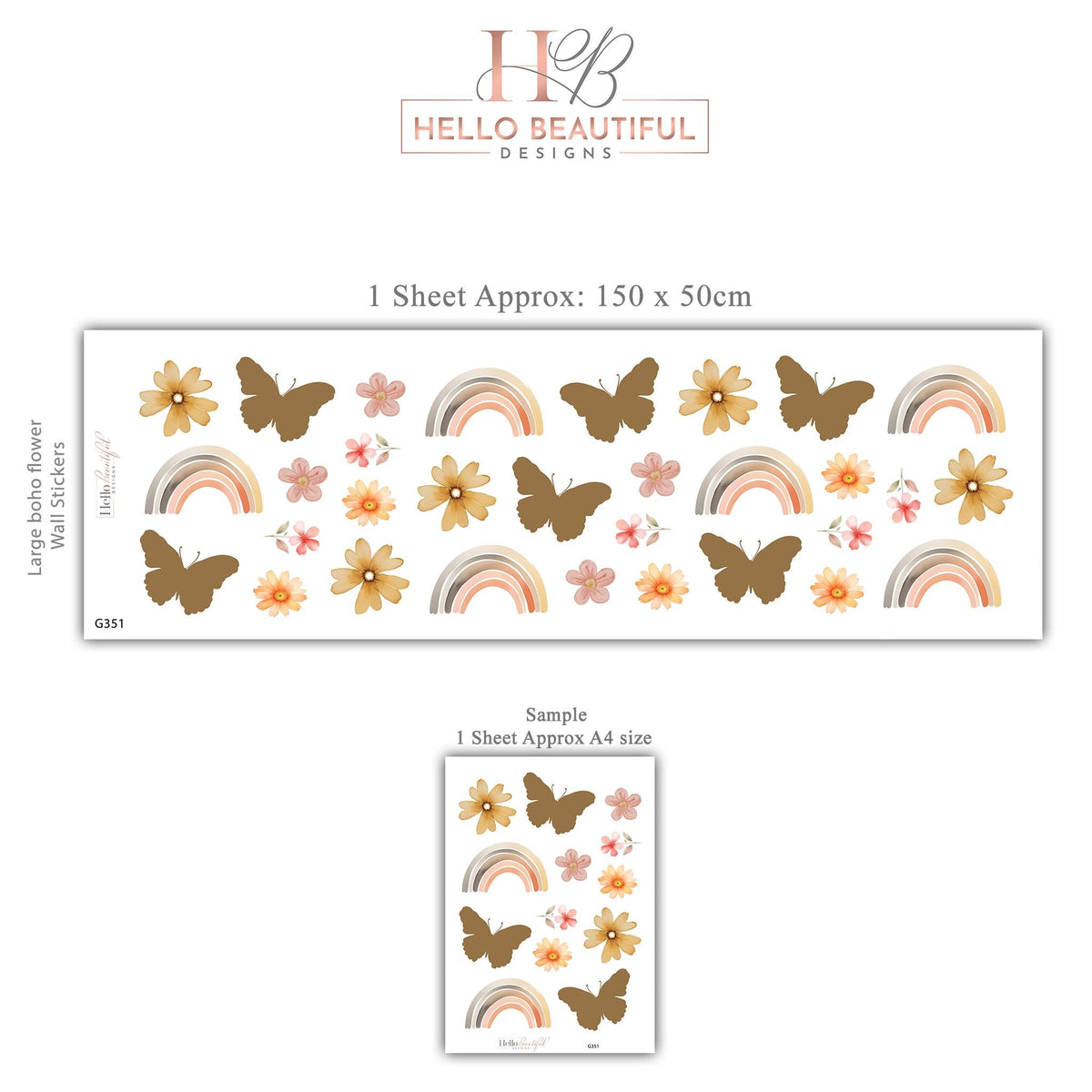 Boho Flower Wall Stickers, Butterfly Rainbow Nursery Decor, Boho Floral Wall Decals, Girls Kids Room Playroom Peel and Stick Wall Art
