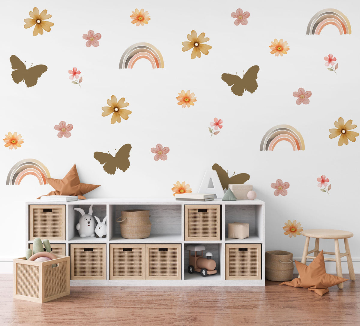 Boho Flower Wall Stickers, Butterfly Rainbow Nursery Decor, Boho Floral Wall Decals, Girls Kids Room Playroom Peel and Stick Wall Art
