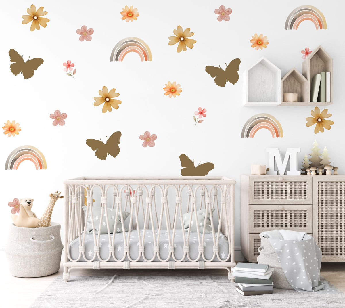 Boho Flower Wall Stickers, Butterfly Rainbow Nursery Decor, Boho Floral Wall Decals, Girls Kids Room Playroom Peel and Stick Wall Art