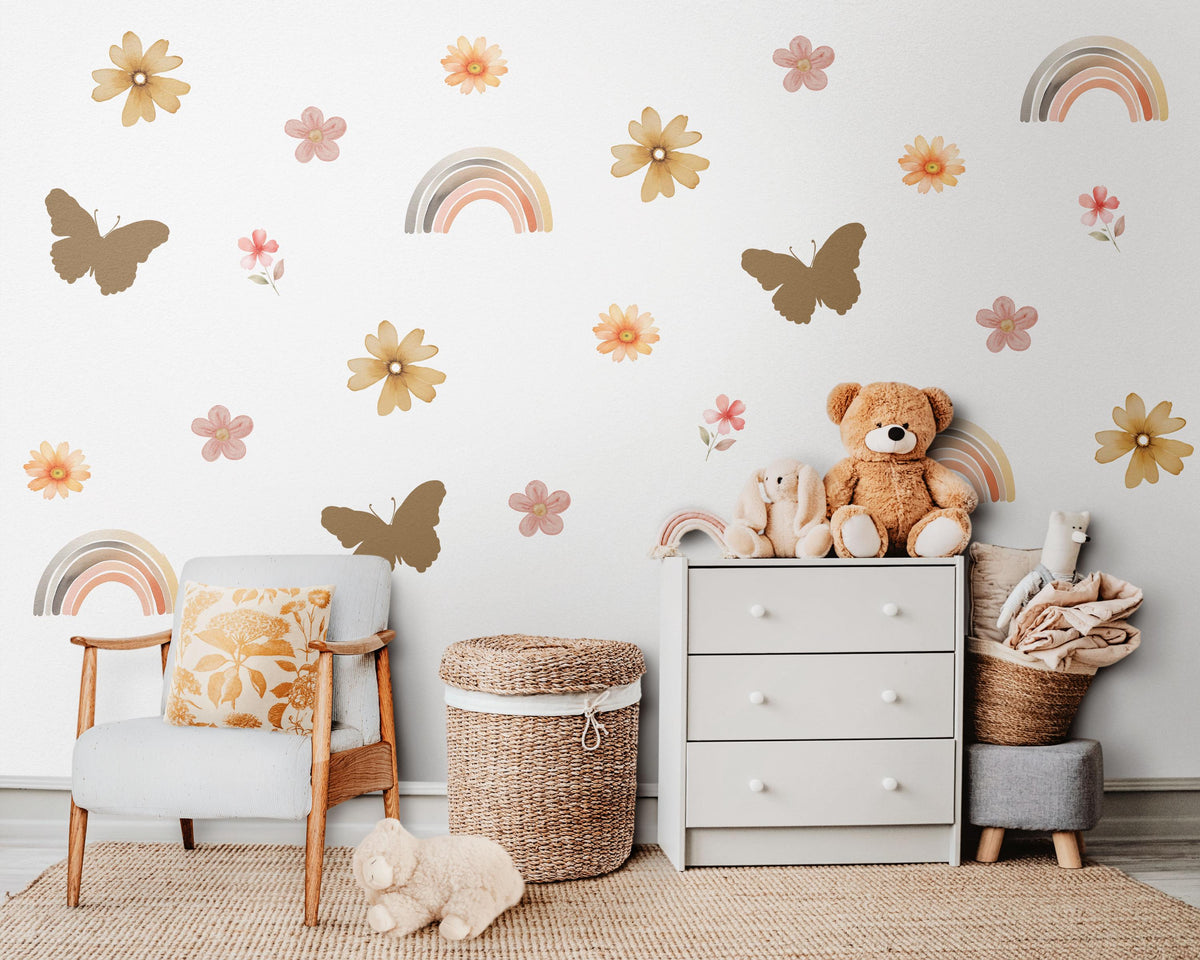 Boho Flower Wall Stickers, Butterfly Rainbow Nursery Decor, Boho Floral Wall Decals, Girls Kids Room Playroom Peel and Stick Wall Art
