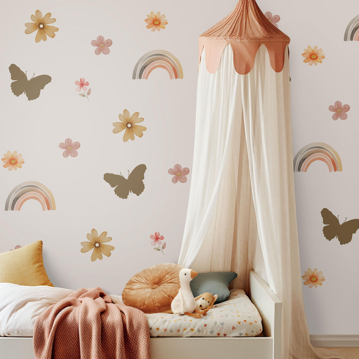 Boho Flower Wall Stickers, Butterfly Rainbow Nursery Decor, Boho Floral Wall Decals, Girls Kids Room Playroom Peel and Stick Wall Art