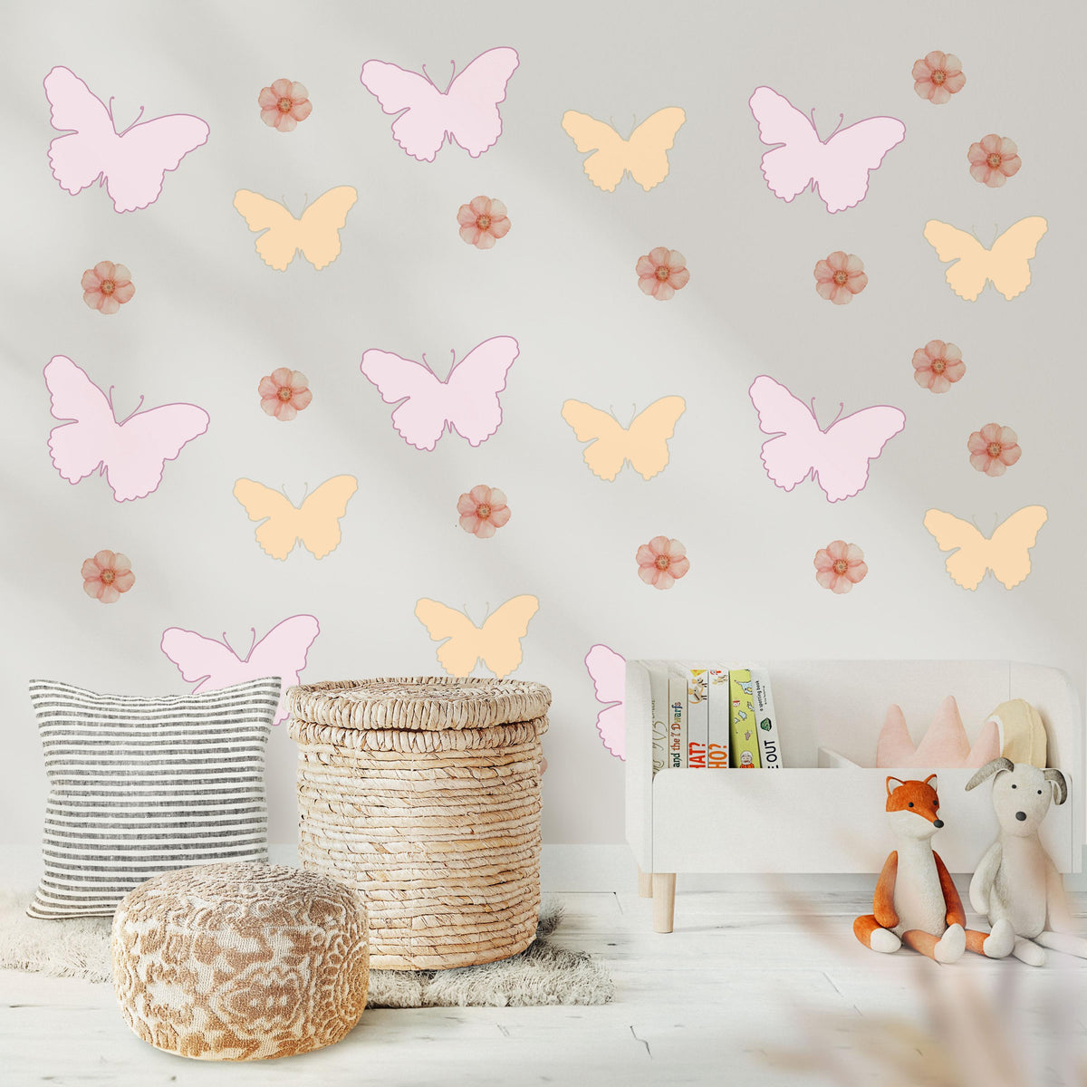 Butterfly Wall Stickers, Pink Butterfly Flower Nursery Decor, Girls Floral Wall Decals, Kids Room Baby Peel and Stick Wall Art