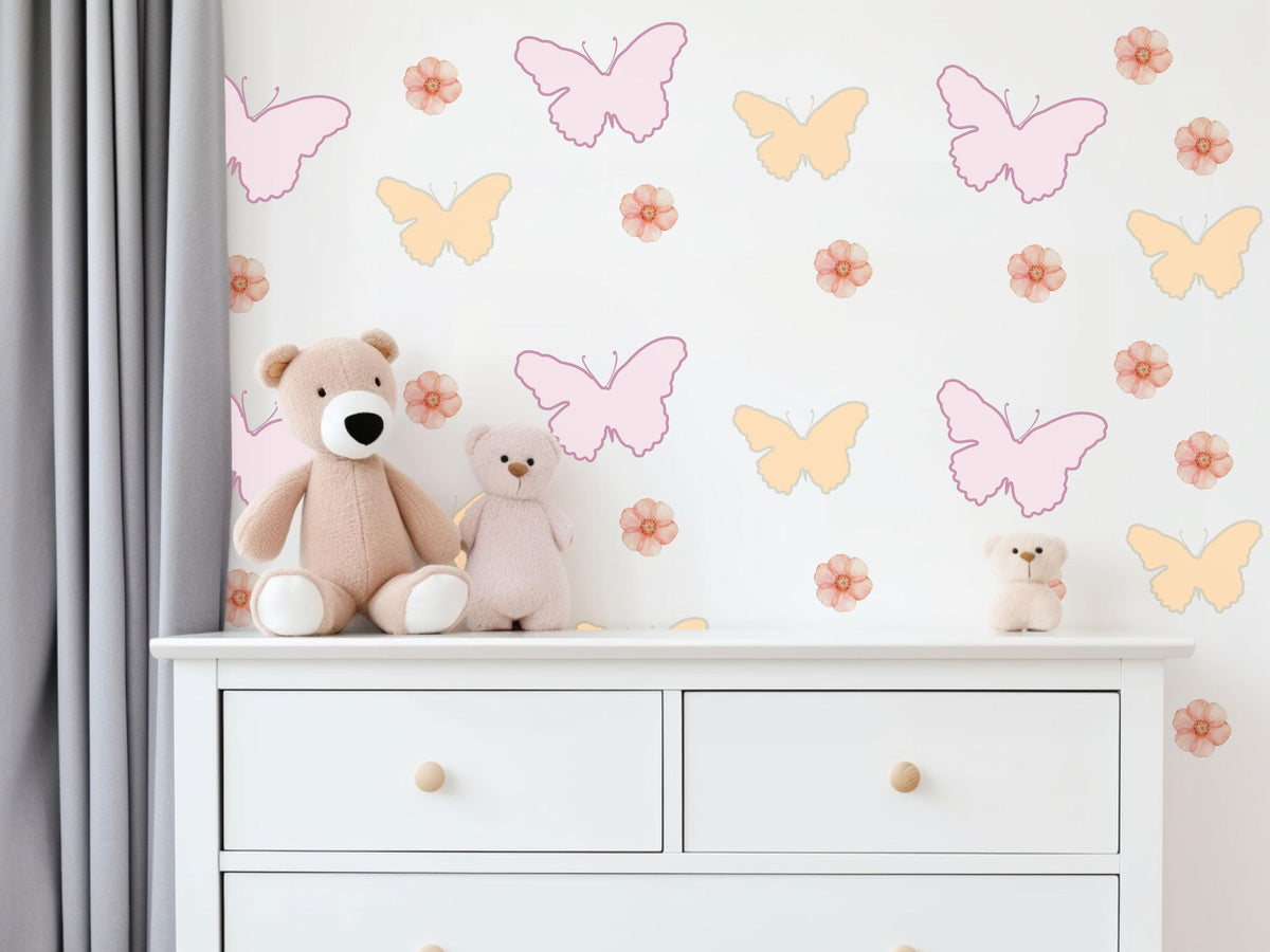 Butterfly Wall Stickers, Pink Butterfly Flower Nursery Decor, Girls Floral Wall Decals, Kids Room Baby Peel and Stick Wall Art