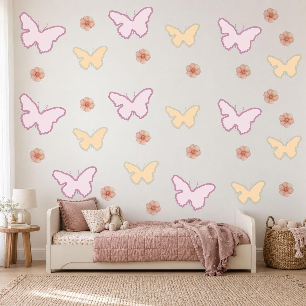 Butterfly Wall Stickers, Pink Butterfly Flower Nursery Decor, Girls Floral Wall Decals, Kids Room Baby Peel and Stick Wall Art