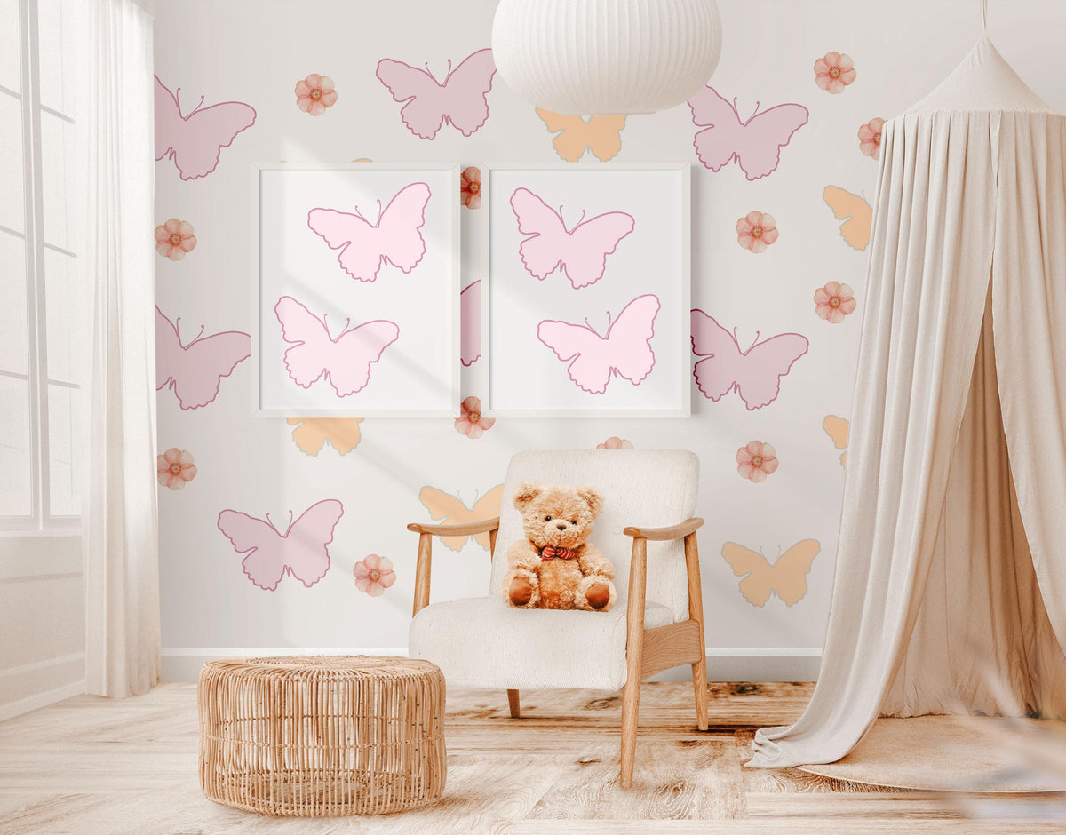 Butterfly Wall Stickers, Pink Butterfly Flower Nursery Decor, Girls Floral Wall Decals, Kids Room Baby Peel and Stick Wall Art
