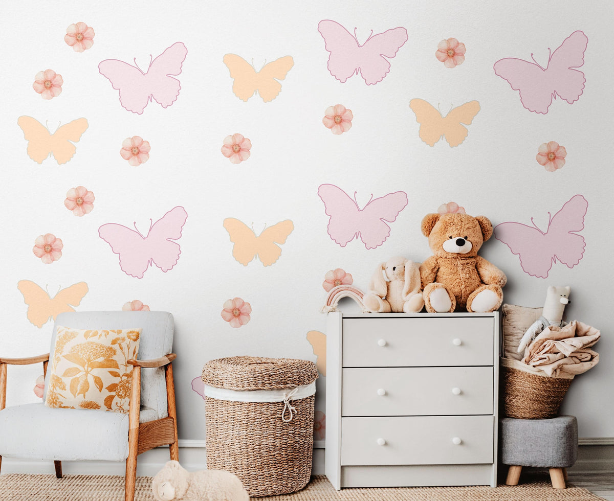 Butterfly Wall Stickers, Pink Butterfly Flower Nursery Decor, Girls Floral Wall Decals, Kids Room Baby Peel and Stick Wall Art