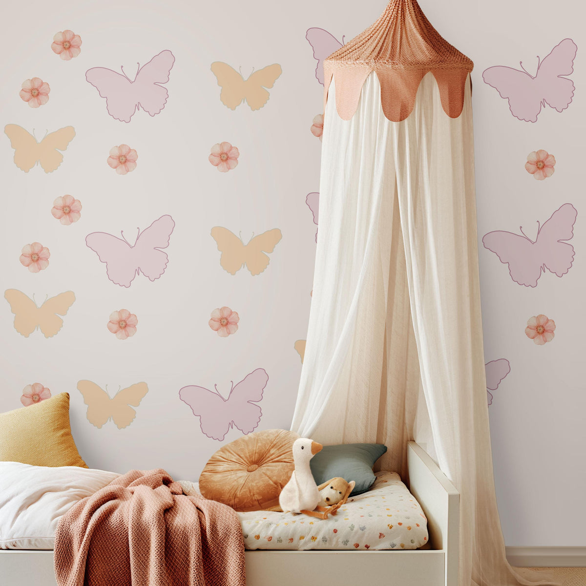 Butterfly Wall Stickers, Pink Butterfly Flower Nursery Decor, Girls Floral Wall Decals, Kids Room Baby Peel and Stick Wall Art