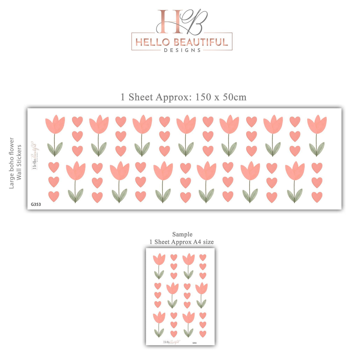 Tulip Wall Stickers, Pink Tulip Heart Nursery Decor, Floral Heart Wall Decals, Girls Kids Room Baby Scandi Peel and Stick Wall Art