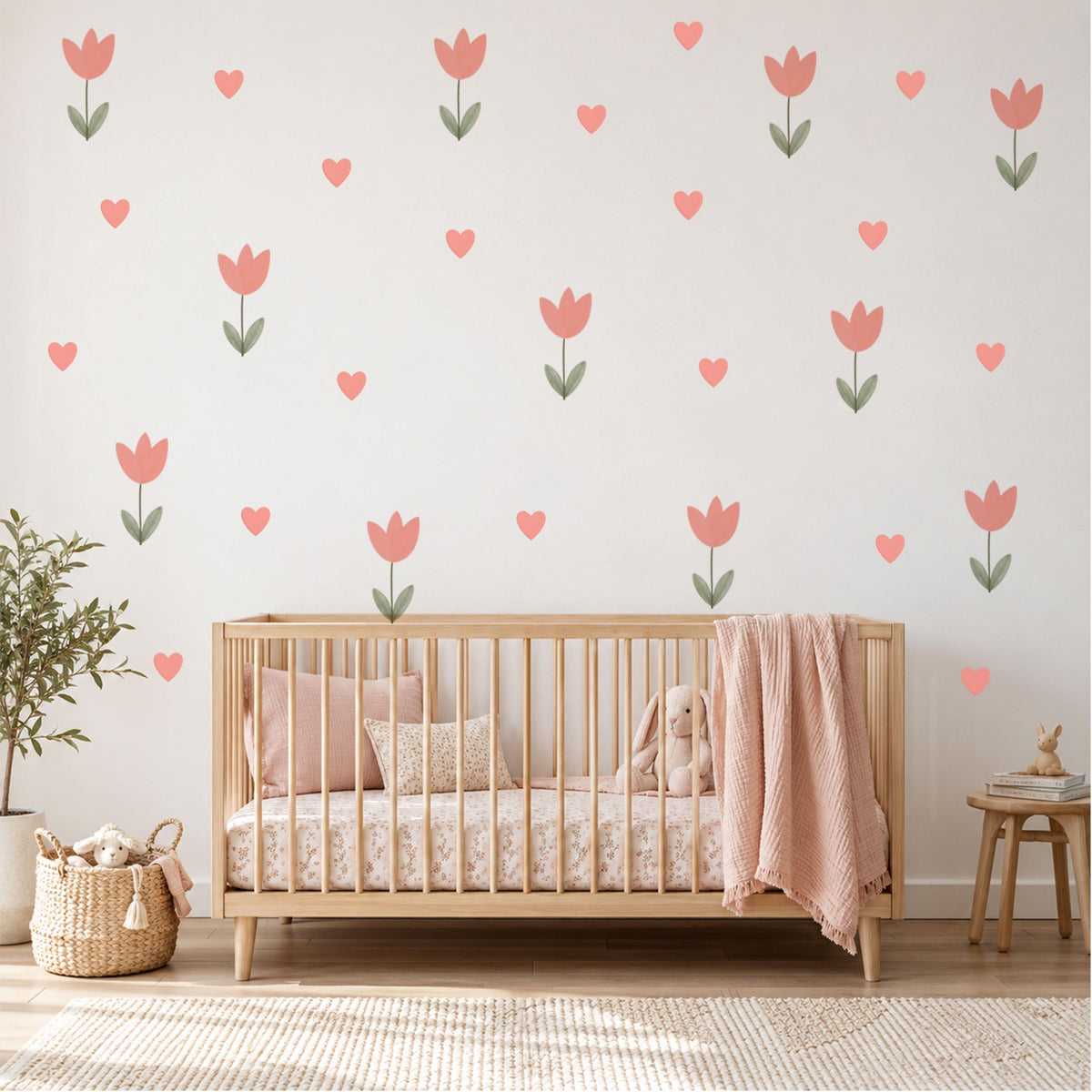 Tulip Wall Stickers, Pink Tulip Heart Nursery Decor, Floral Heart Wall Decals, Girls Kids Room Baby Scandi Peel and Stick Wall Art