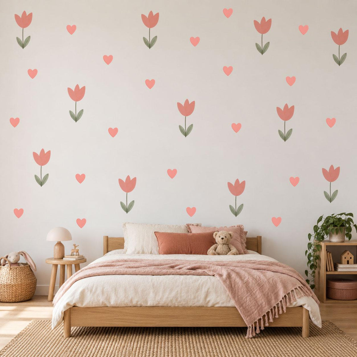 Tulip Wall Stickers, Pink Tulip Heart Nursery Decor, Floral Heart Wall Decals, Girls Kids Room Baby Scandi Peel and Stick Wall Art