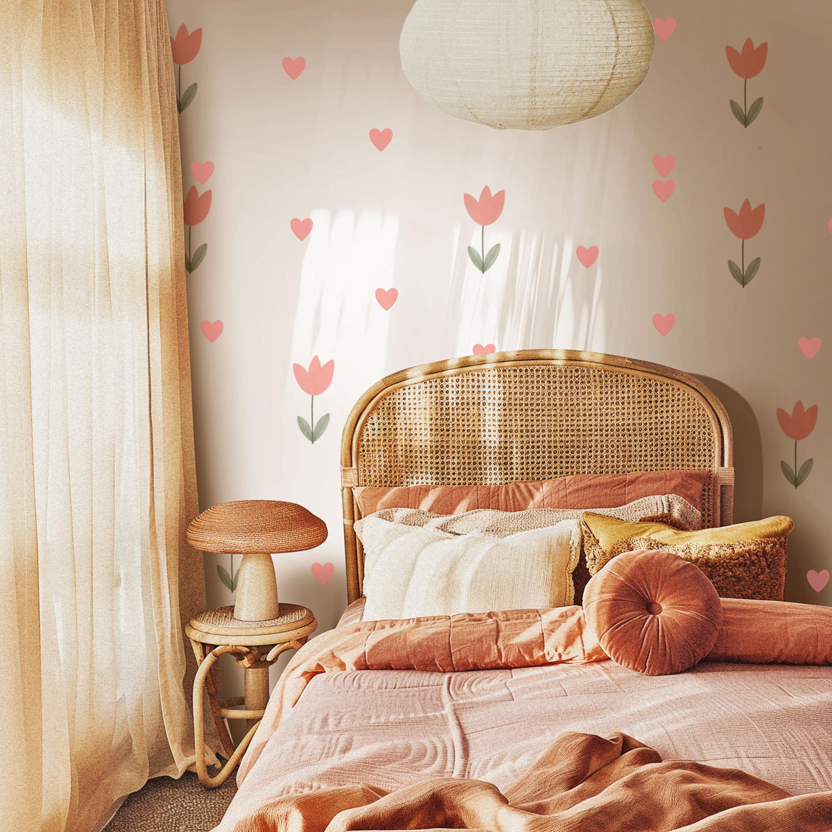Tulip Wall Stickers, Pink Tulip Heart Nursery Decor, Floral Heart Wall Decals, Girls Kids Room Baby Scandi Peel and Stick Wall Art