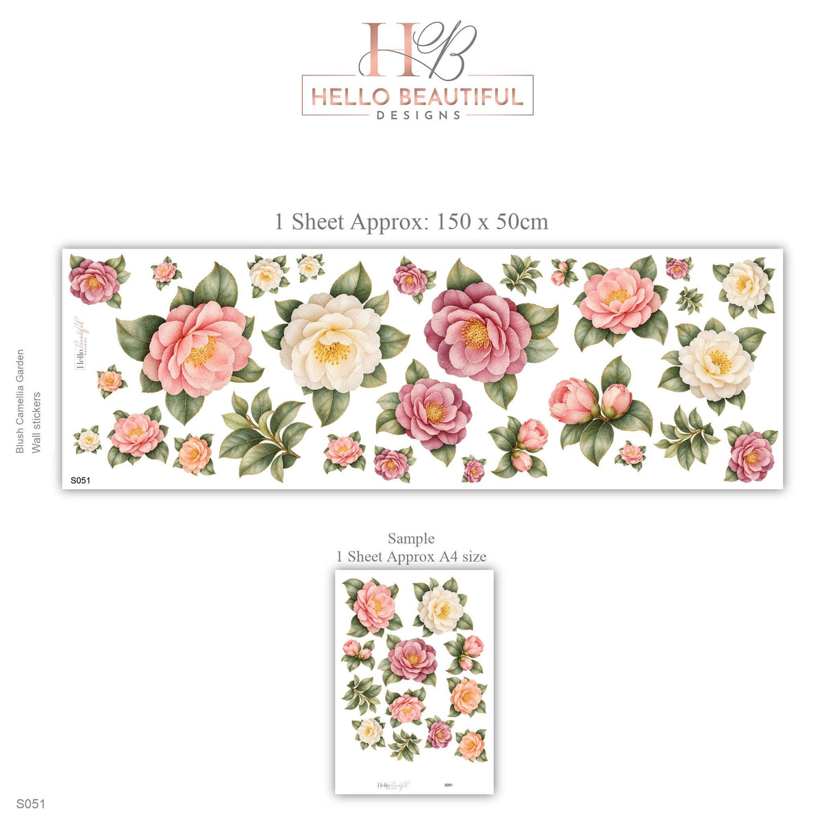 Floral Wall Stickers, Blush Camellia Nursery Decor, Watercolour Flower Wall Decals, Girls Kids Room Bedroom Baby Peel and Stick Art
