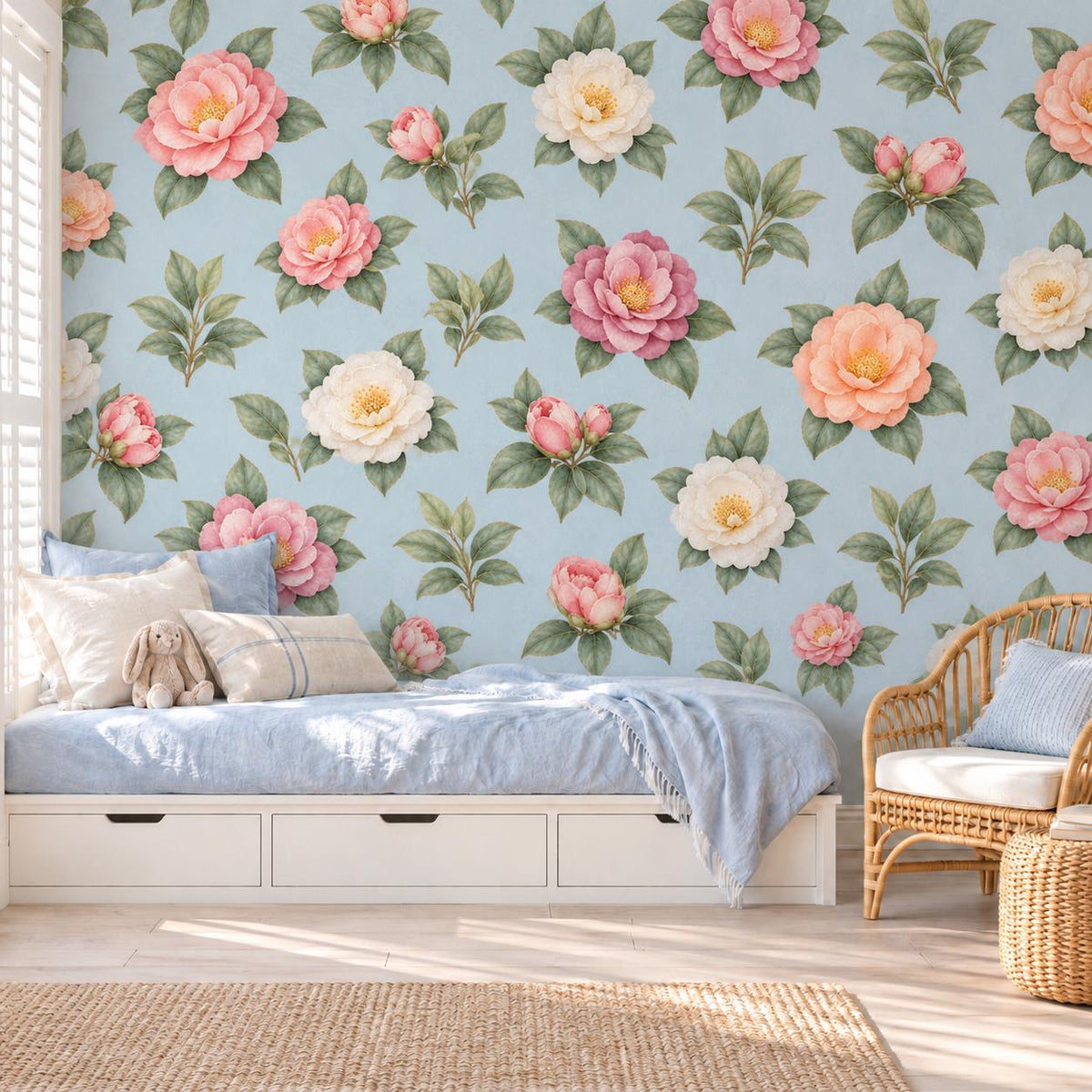 Floral Wall Stickers, Blush Camellia Nursery Decor, Watercolour Flower Wall Decals, Girls Kids Room Bedroom Baby Peel and Stick Art