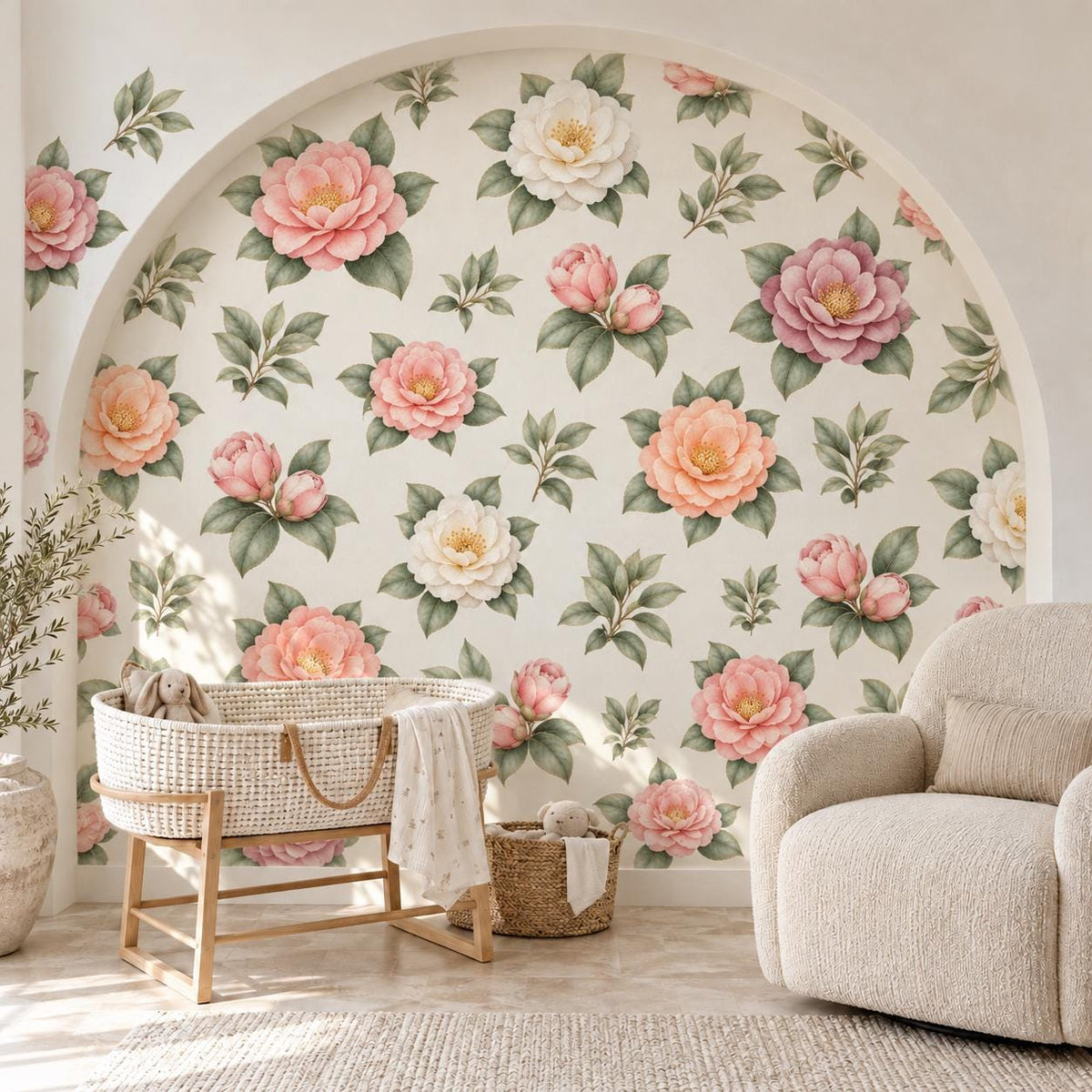 Floral Wall Stickers, Blush Camellia Nursery Decor, Watercolour Flower Wall Decals, Girls Kids Room Bedroom Baby Peel and Stick Art