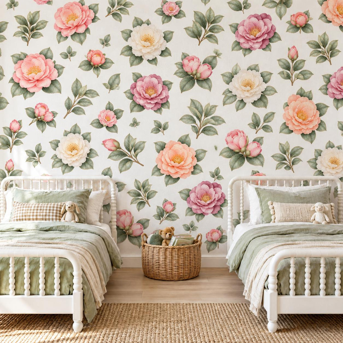Floral Wall Stickers, Blush Camellia Nursery Decor, Watercolour Flower Wall Decals, Girls Kids Room Bedroom Baby Peel and Stick Art