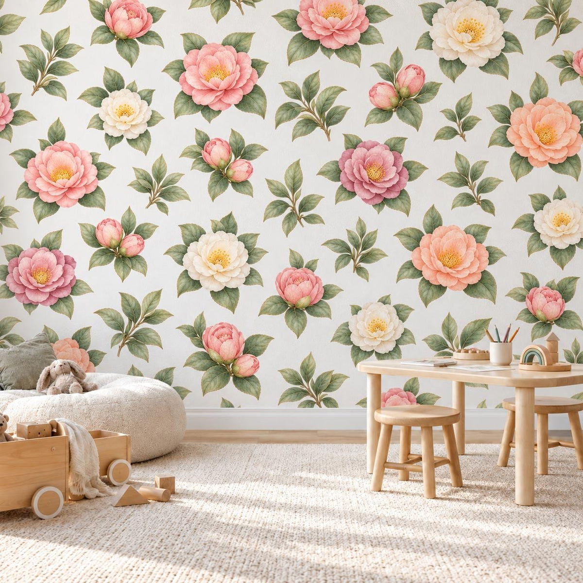 Floral Wall Stickers, Blush Camellia Nursery Decor, Watercolour Flower Wall Decals, Girls Kids Room Bedroom Baby Peel and Stick Art