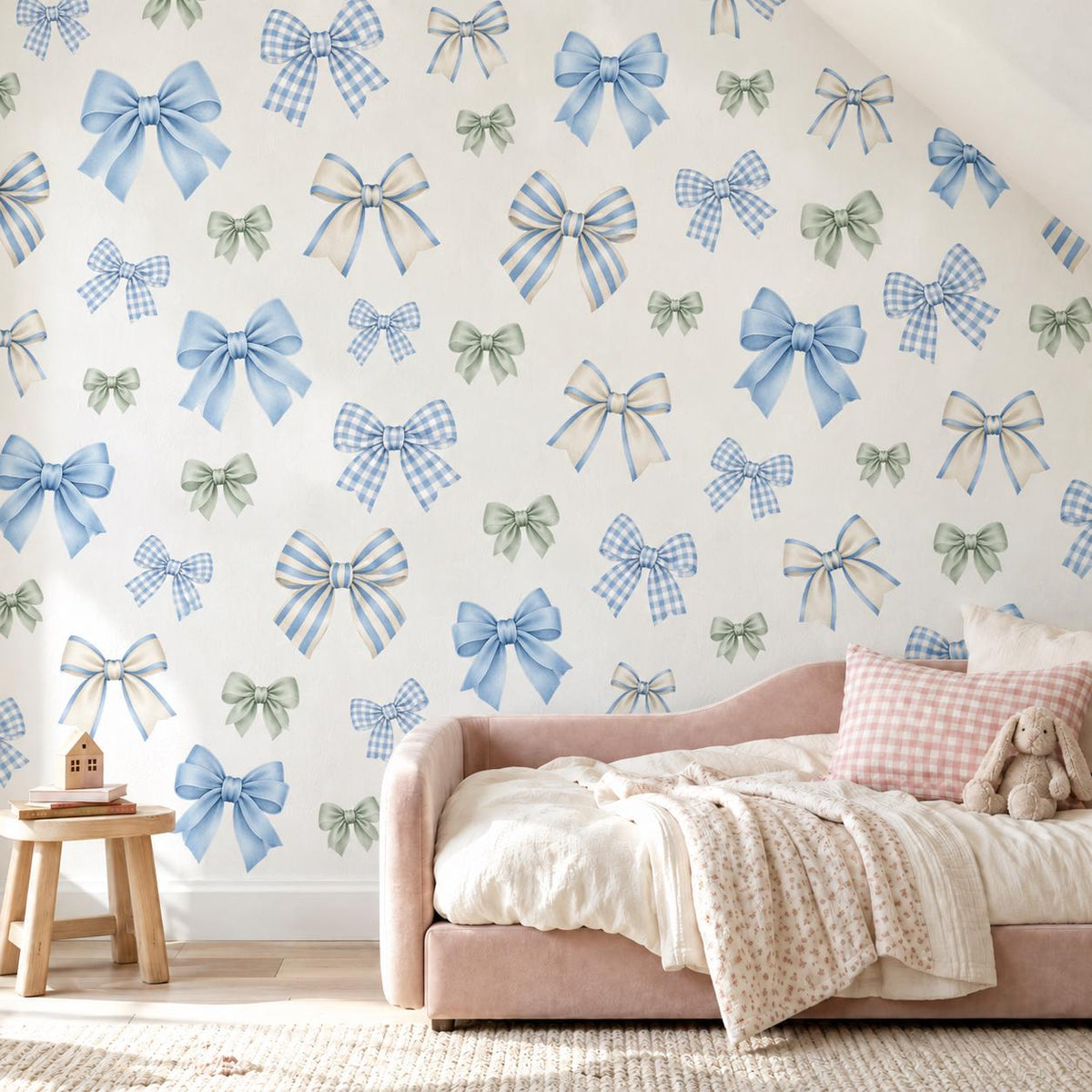 Bow Wall Stickers, Blue Bow Coquette Nursery Decor, Gingham Ribbon Wall Decals, Boys Kids Room Gender Neutral Peel and Stick Art