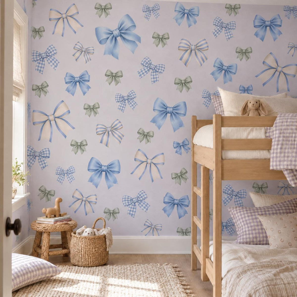 Bow Wall Stickers, Blue Bow Coquette Nursery Decor, Gingham Ribbon Wall Decals, Boys Kids Room Gender Neutral Peel and Stick Art