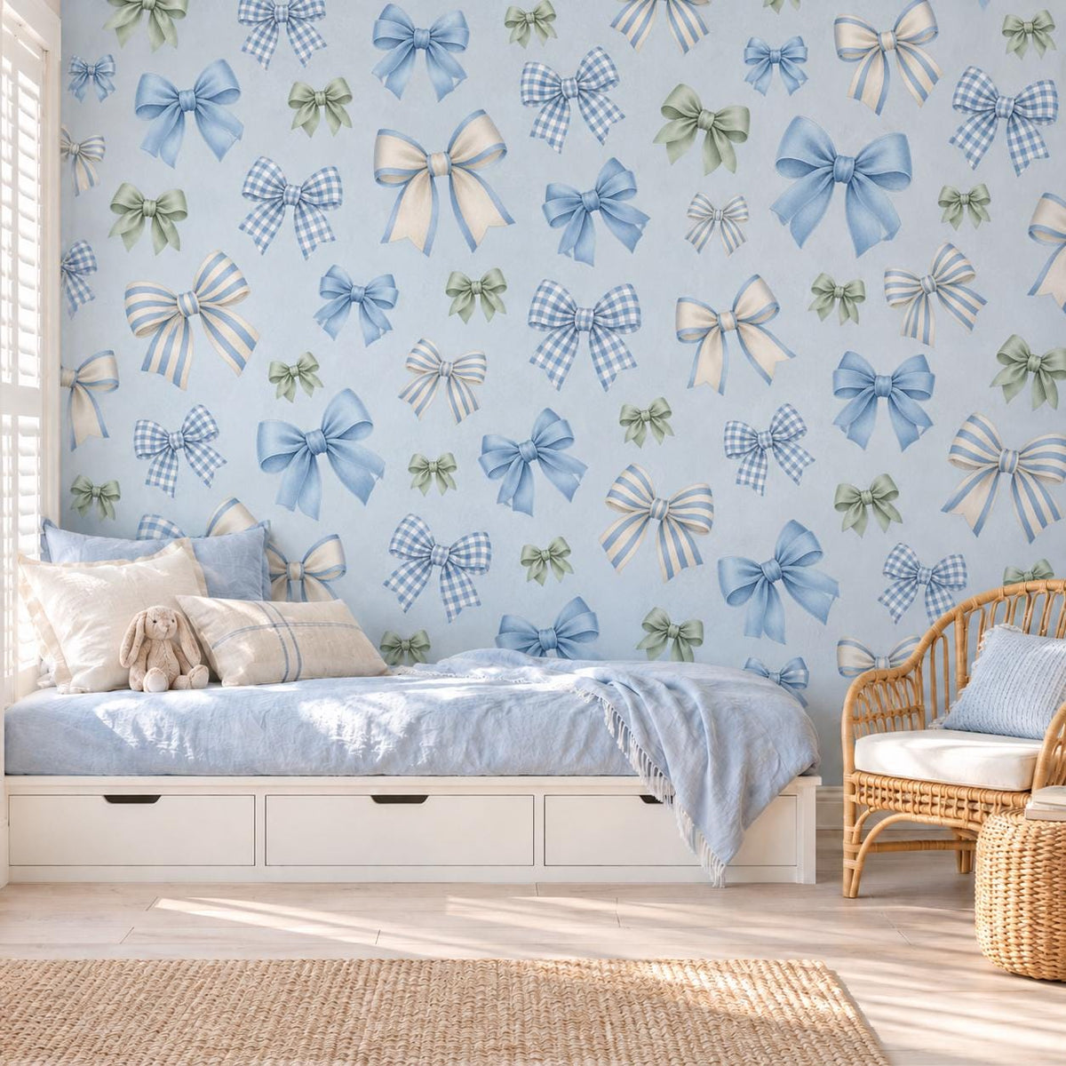 Bow Wall Stickers, Blue Bow Coquette Nursery Decor, Gingham Ribbon Wall Decals, Boys Kids Room Gender Neutral Peel and Stick Art