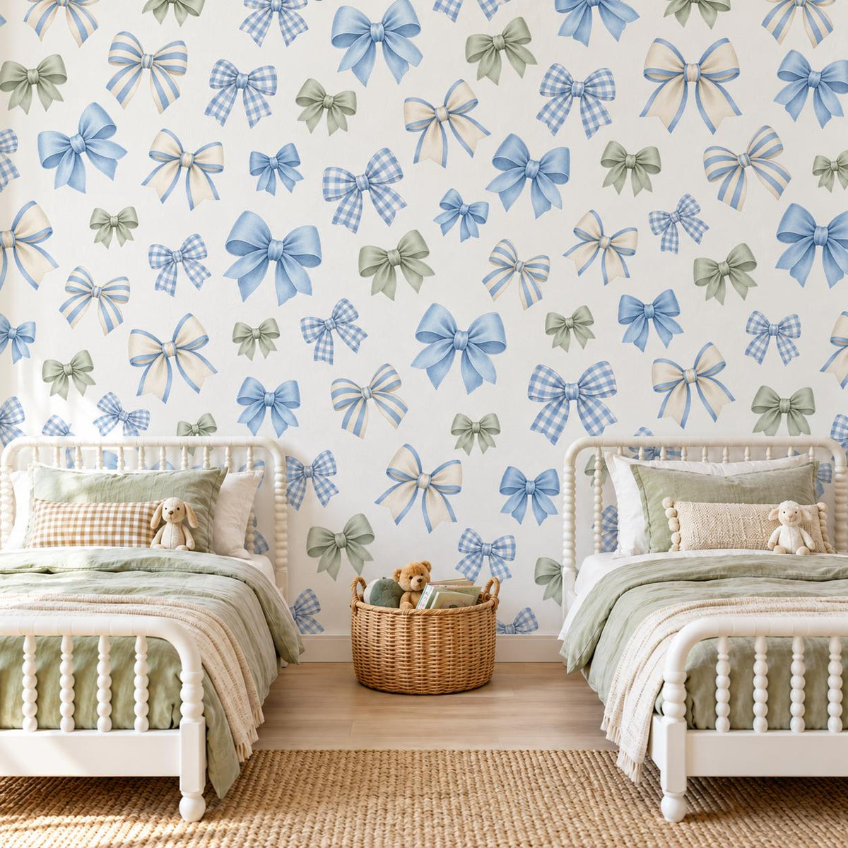 Bow Wall Stickers, Blue Bow Coquette Nursery Decor, Gingham Ribbon Wall Decals, Boys Kids Room Gender Neutral Peel and Stick Art