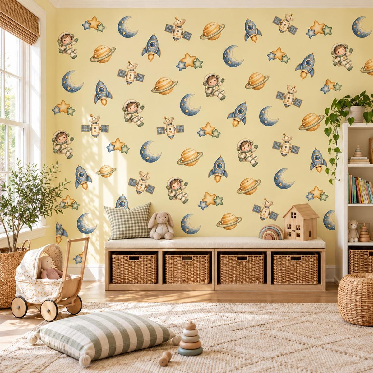 Space Wall Stickers, Astronaut Rocket Nursery Decor, Planet Moon Star Wall Decals, Boys Kids Room Gender Neutral Peel and Stick Art