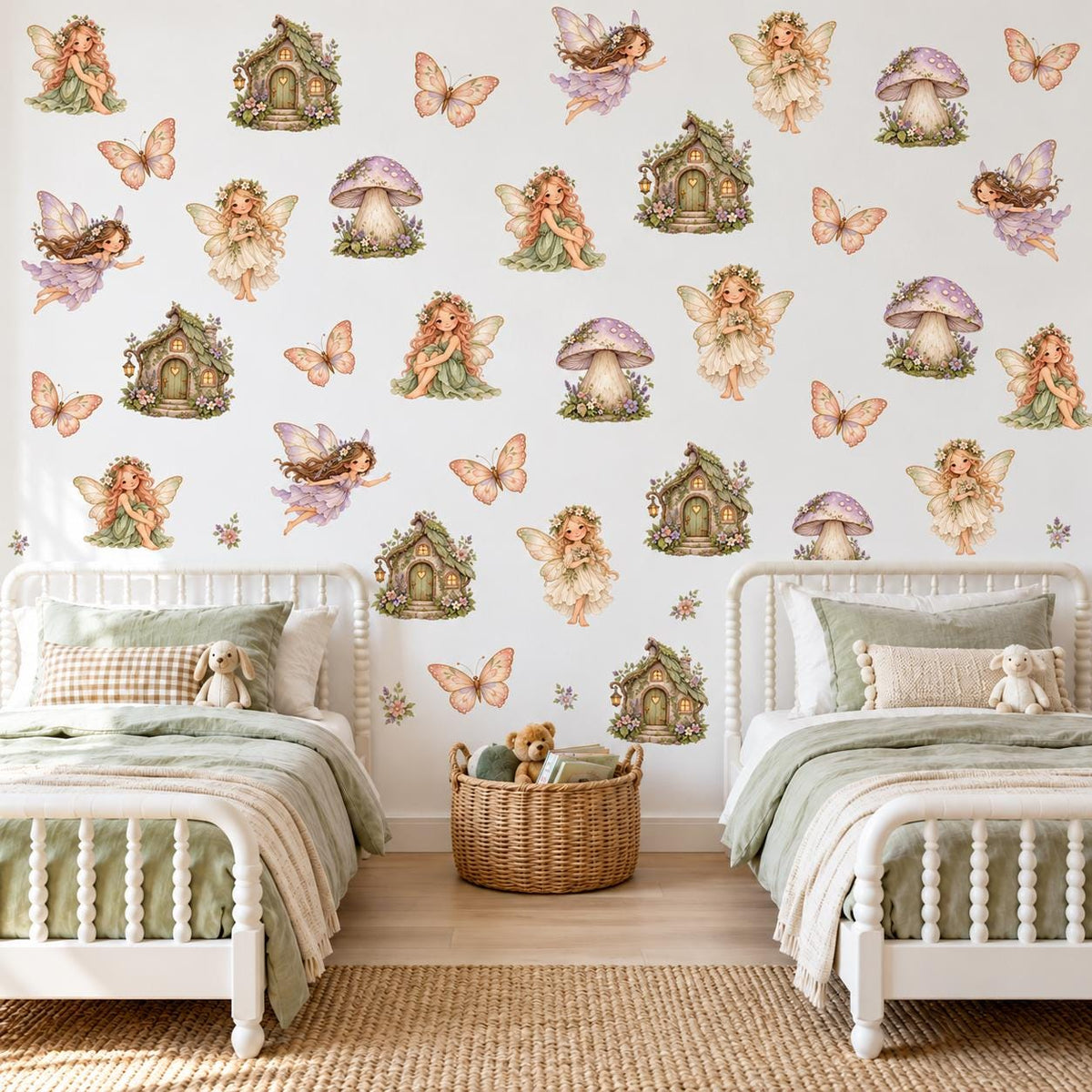 Fairy Wall Stickers, Enchanted Garden Nursery Decor, Butterfly Mushroom Fairy House Wall Decals, Girls Room Peel and Stick Art