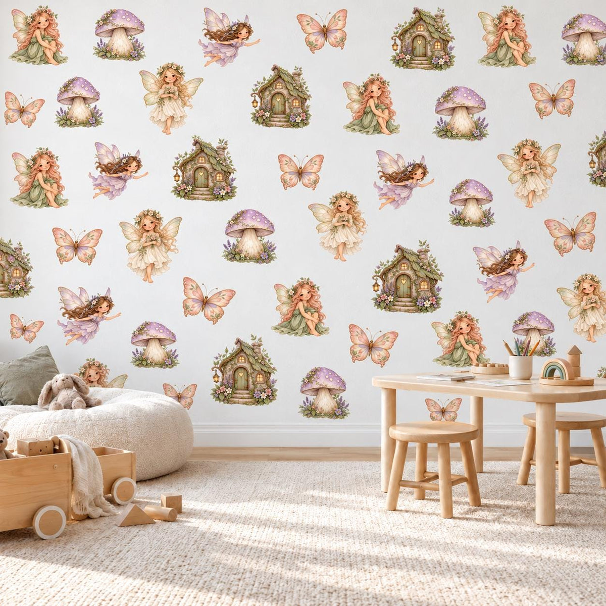 Fairy Wall Stickers, Enchanted Garden Nursery Decor, Butterfly Mushroom Fairy House Wall Decals, Girls Room Peel and Stick Art