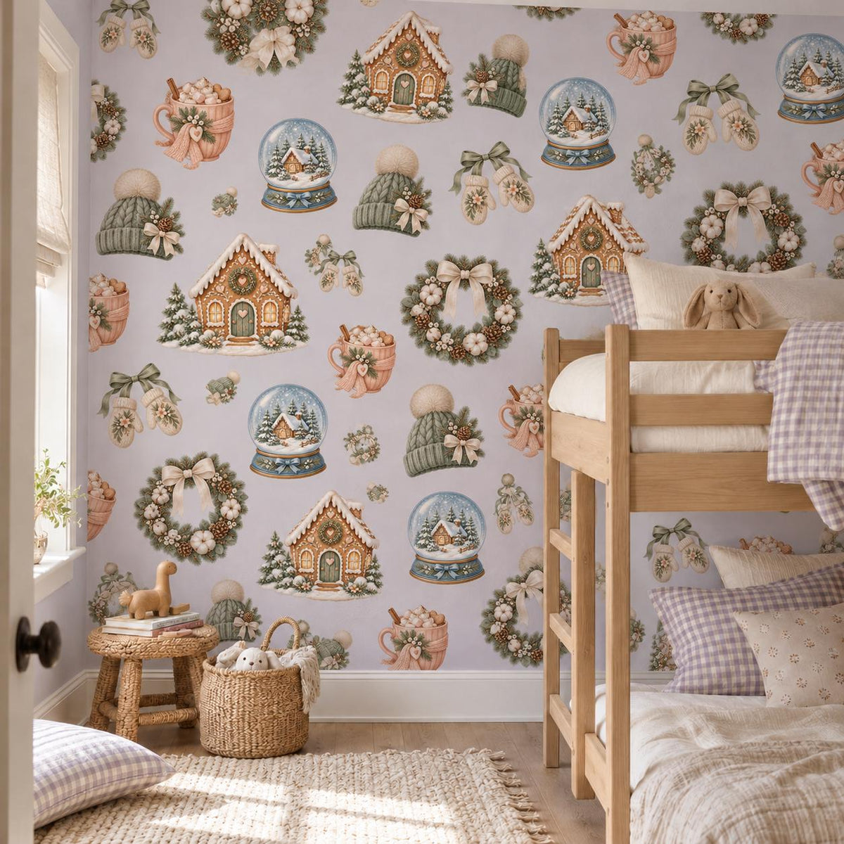 Christmas Wall Stickers, Cozy Winter Nursery Decor, Snow Globe Gingerbread Wreath Wall Decals, Kids Room Festive Peel and Stick Art