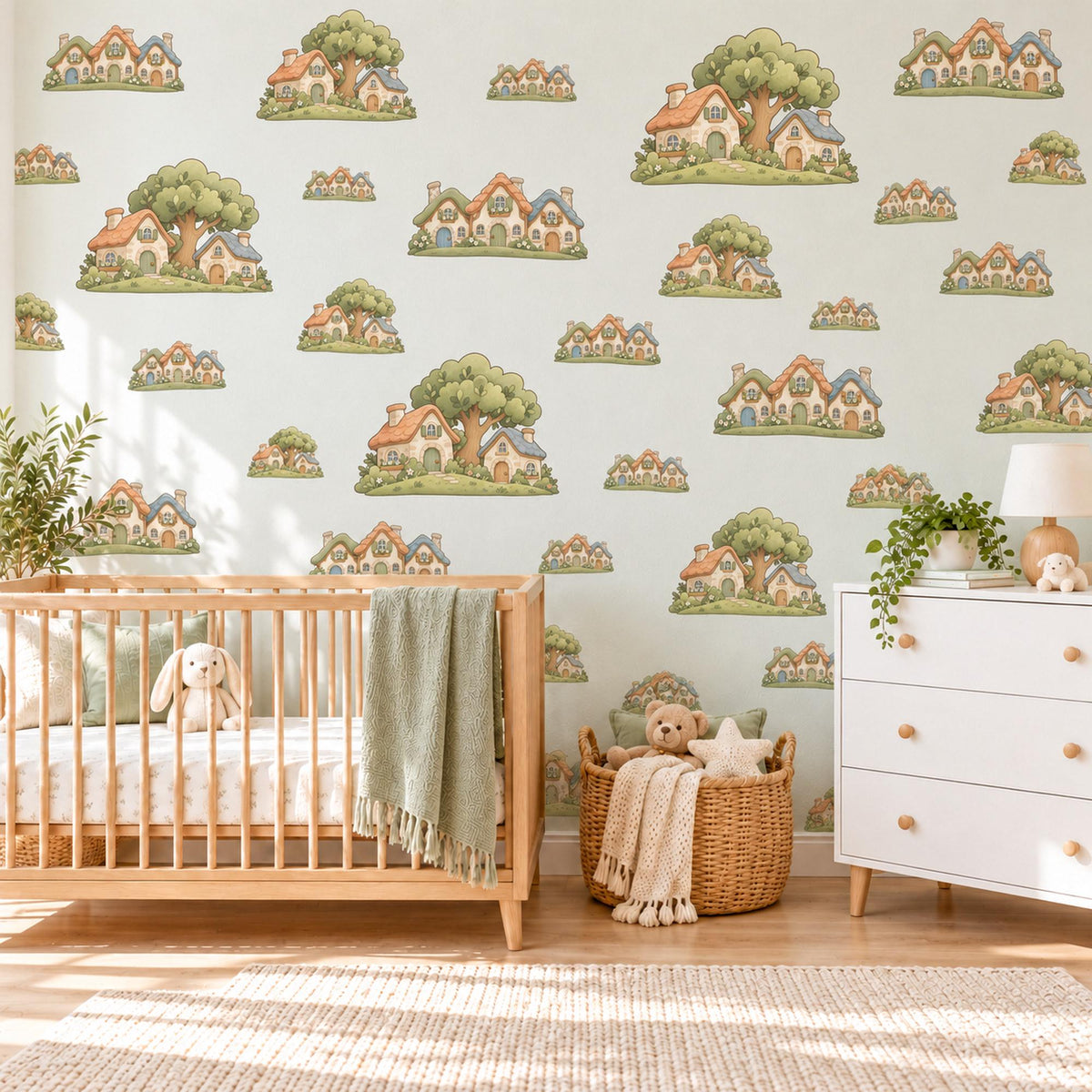 Cottage Wall Stickers, Storybook Village Nursery Decor, Little Houses and Trees Wall Decals, Sage Terracotta Kids Room Peel and Stick Art