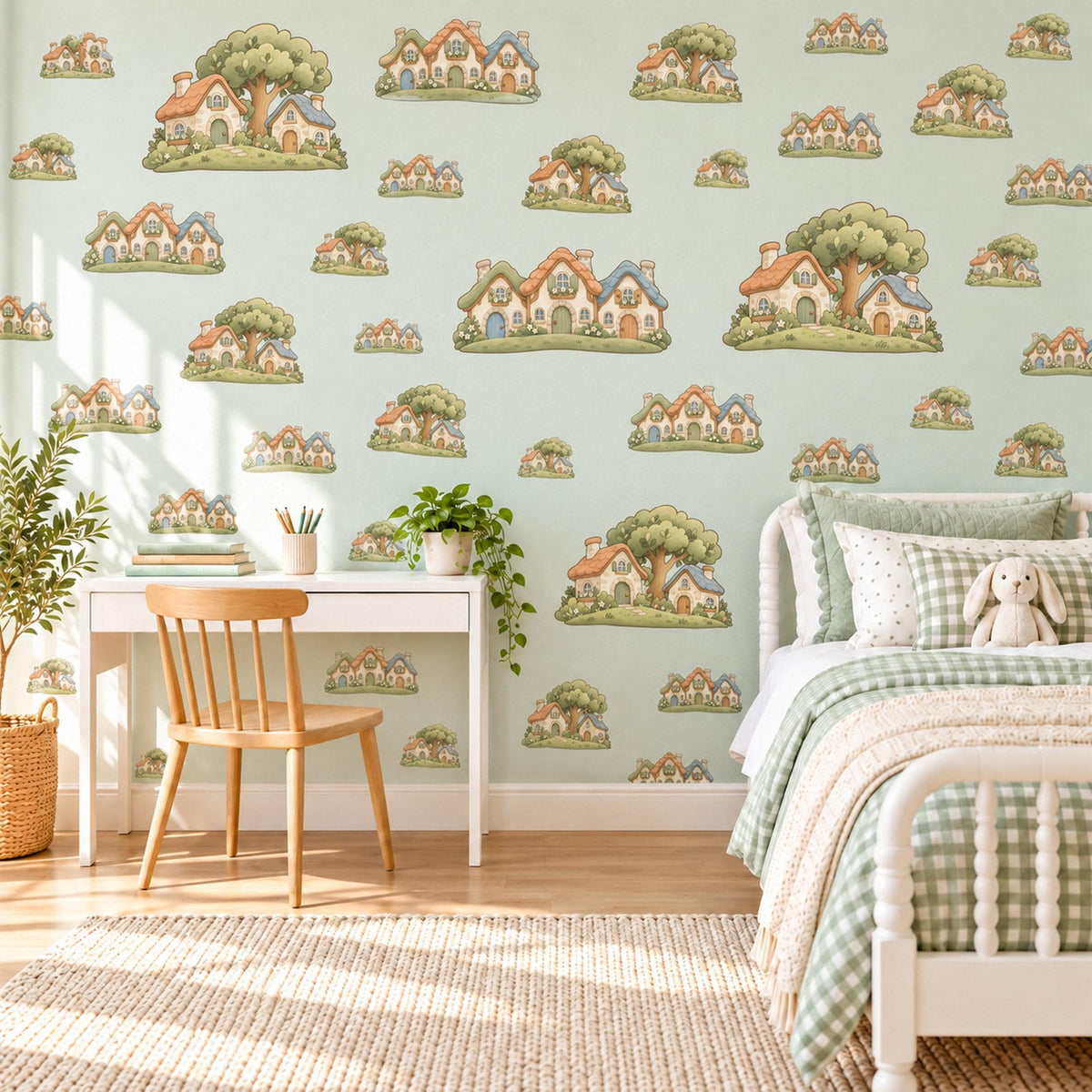 Cottage Wall Stickers, Storybook Village Nursery Decor, Little Houses and Trees Wall Decals, Sage Terracotta Kids Room Peel and Stick Art