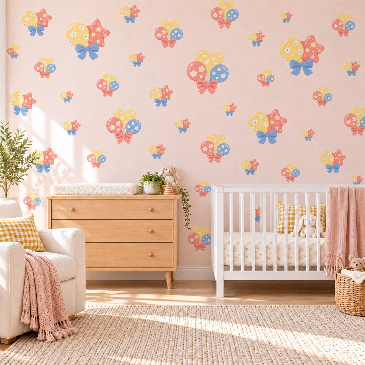 Balloon Wall Stickers, Party Balloon Nursery Decor, Balloons and Bows Wall Decals, Coral Yellow Blue Kids Room Peel and Stick Wall Art