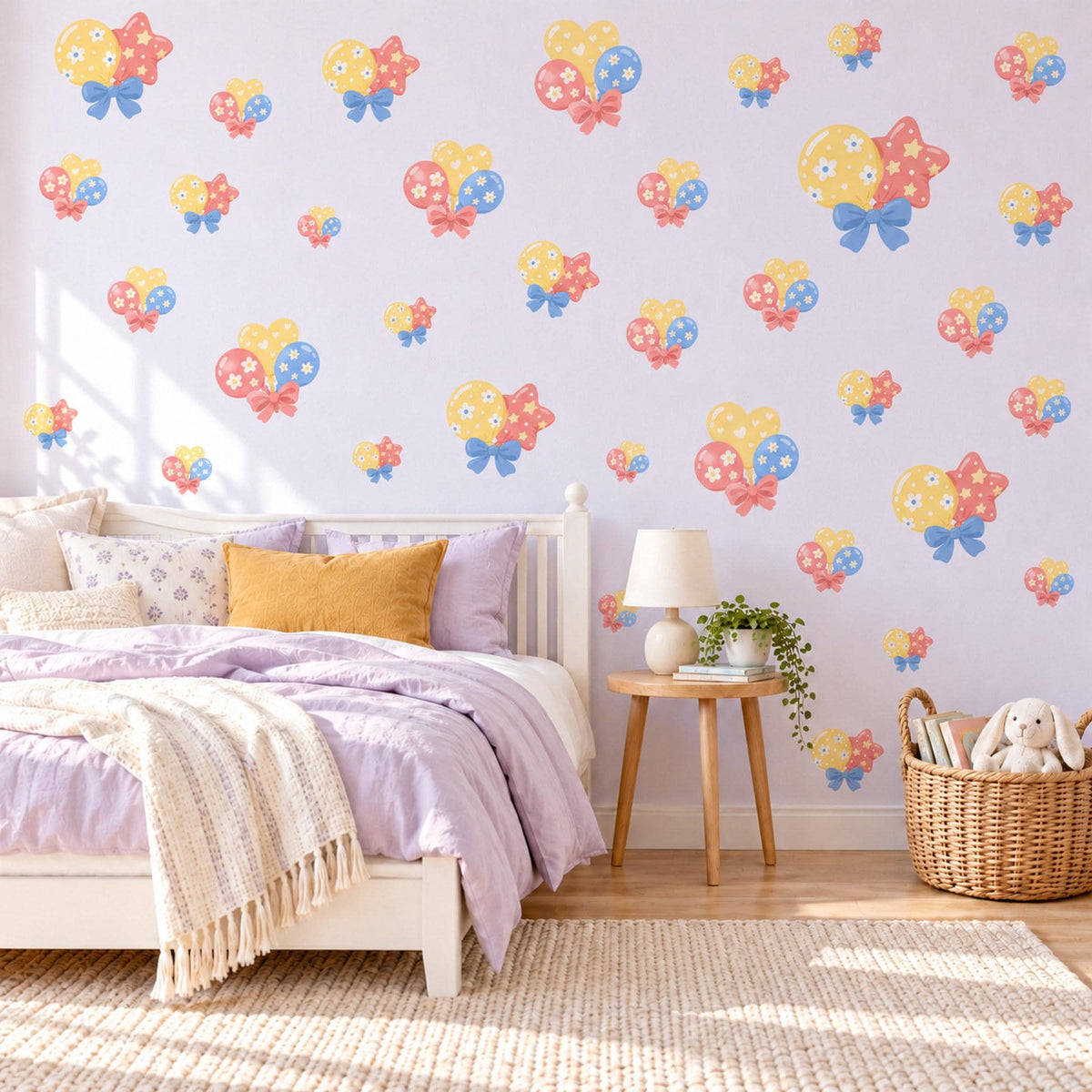 Balloon Wall Stickers, Party Balloon Nursery Decor, Balloons and Bows Wall Decals, Coral Yellow Blue Kids Room Peel and Stick Wall Art