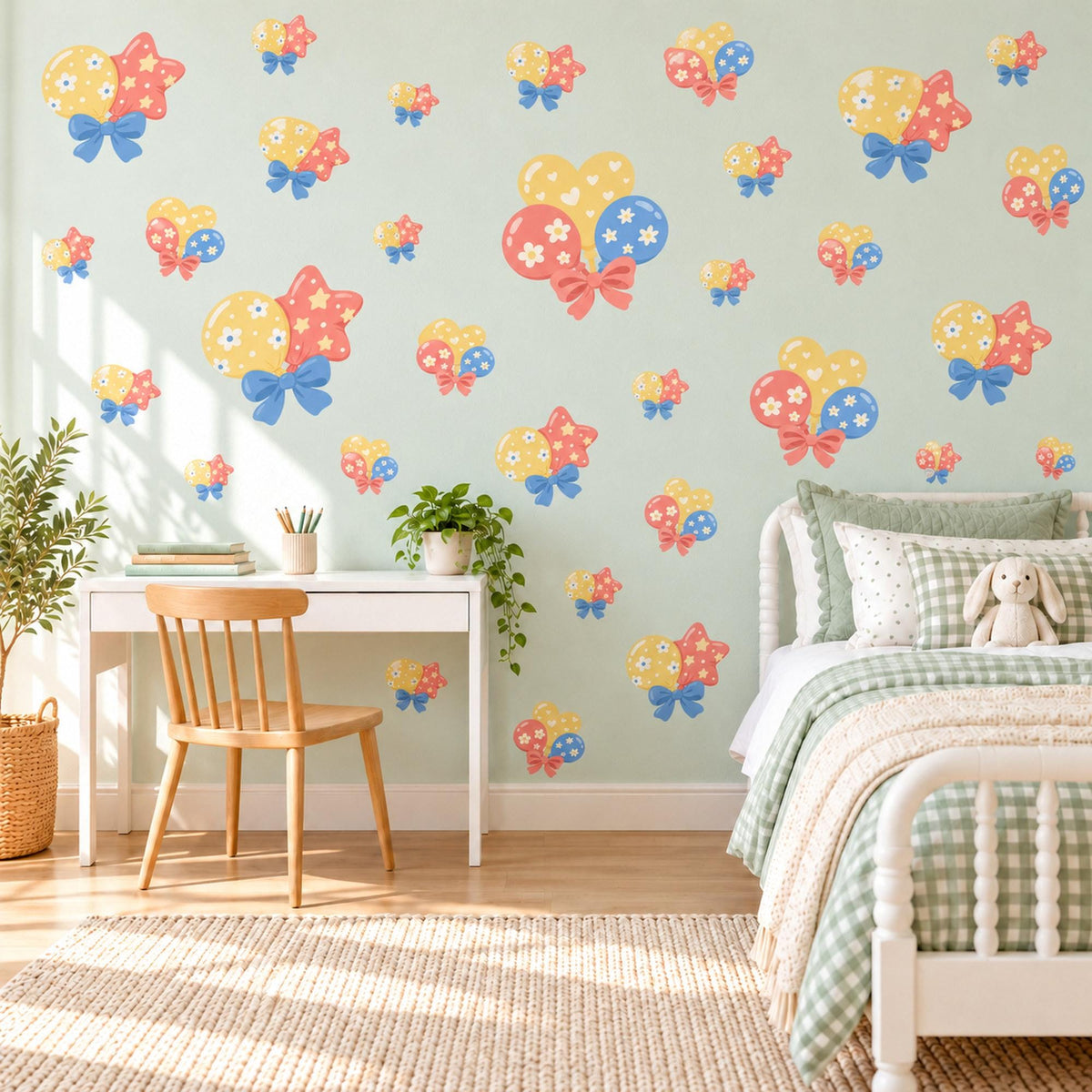 Balloon Wall Stickers, Party Balloon Nursery Decor, Balloons and Bows Wall Decals, Coral Yellow Blue Kids Room Peel and Stick Wall Art