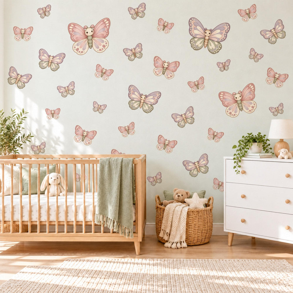 Butterfly Wall Stickers, Pink Lilac Butterfly Nursery Decor, Cute Butterflies Wall Decals, Sage Pink Girls Room Peel and Stick Wall Art