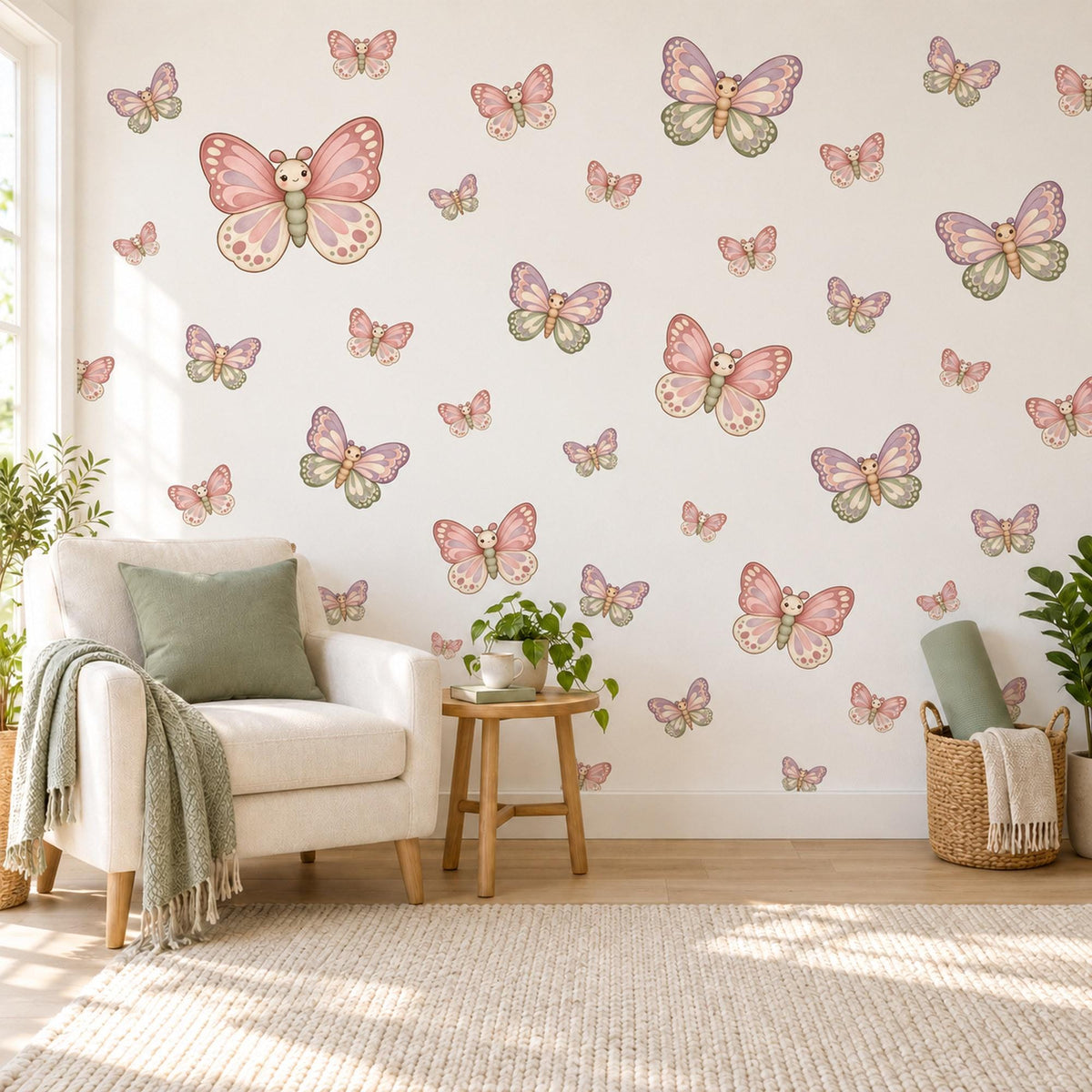 Butterfly Wall Stickers, Pink Lilac Butterfly Nursery Decor, Cute Butterflies Wall Decals, Sage Pink Girls Room Peel and Stick Wall Art